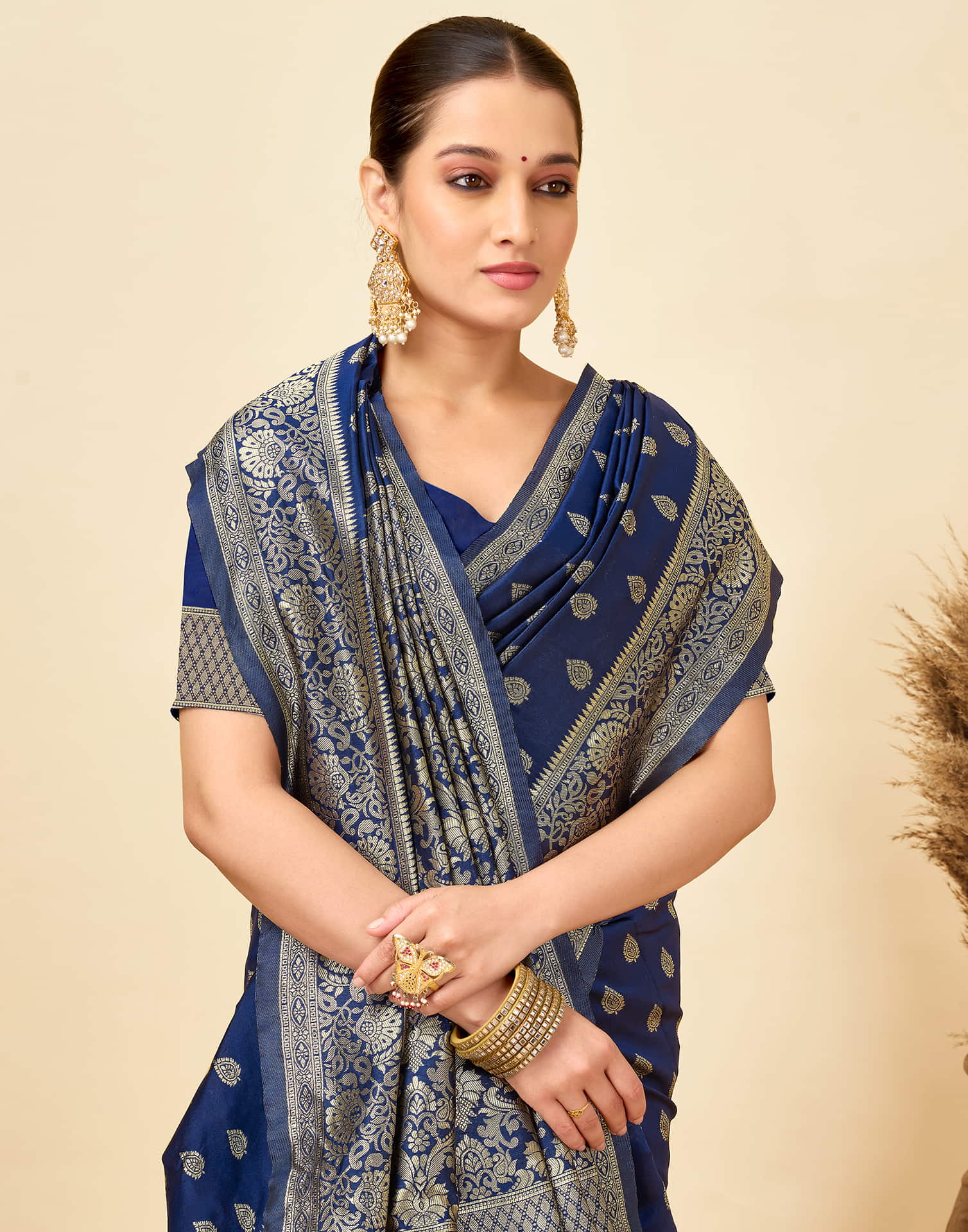 Navy Blue Silk Woven Banarasi Saree - Image 2