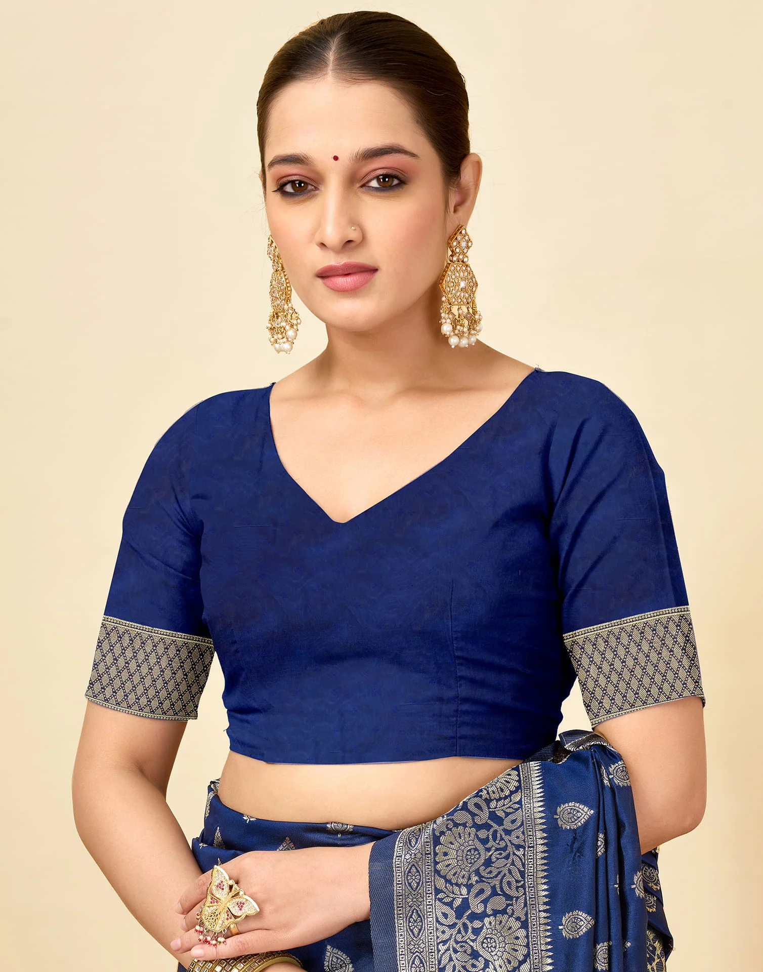 Navy Blue Silk Woven Banarasi Saree - Image 8
