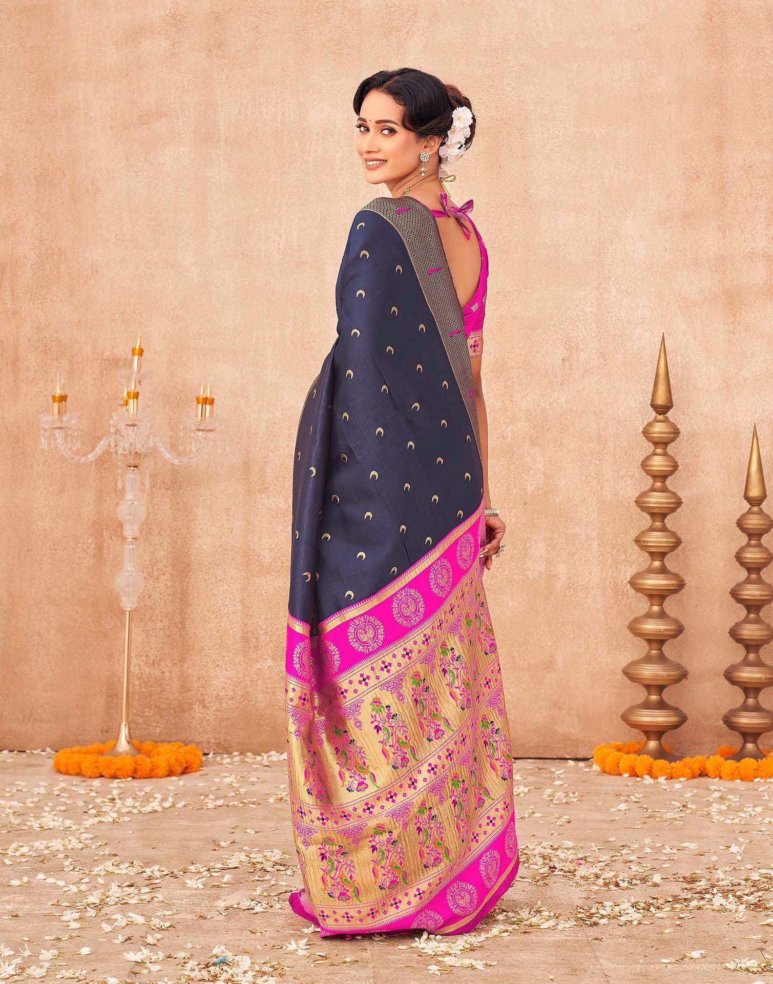 Navy Blue Silk Woven Paithani Saree - Image 6