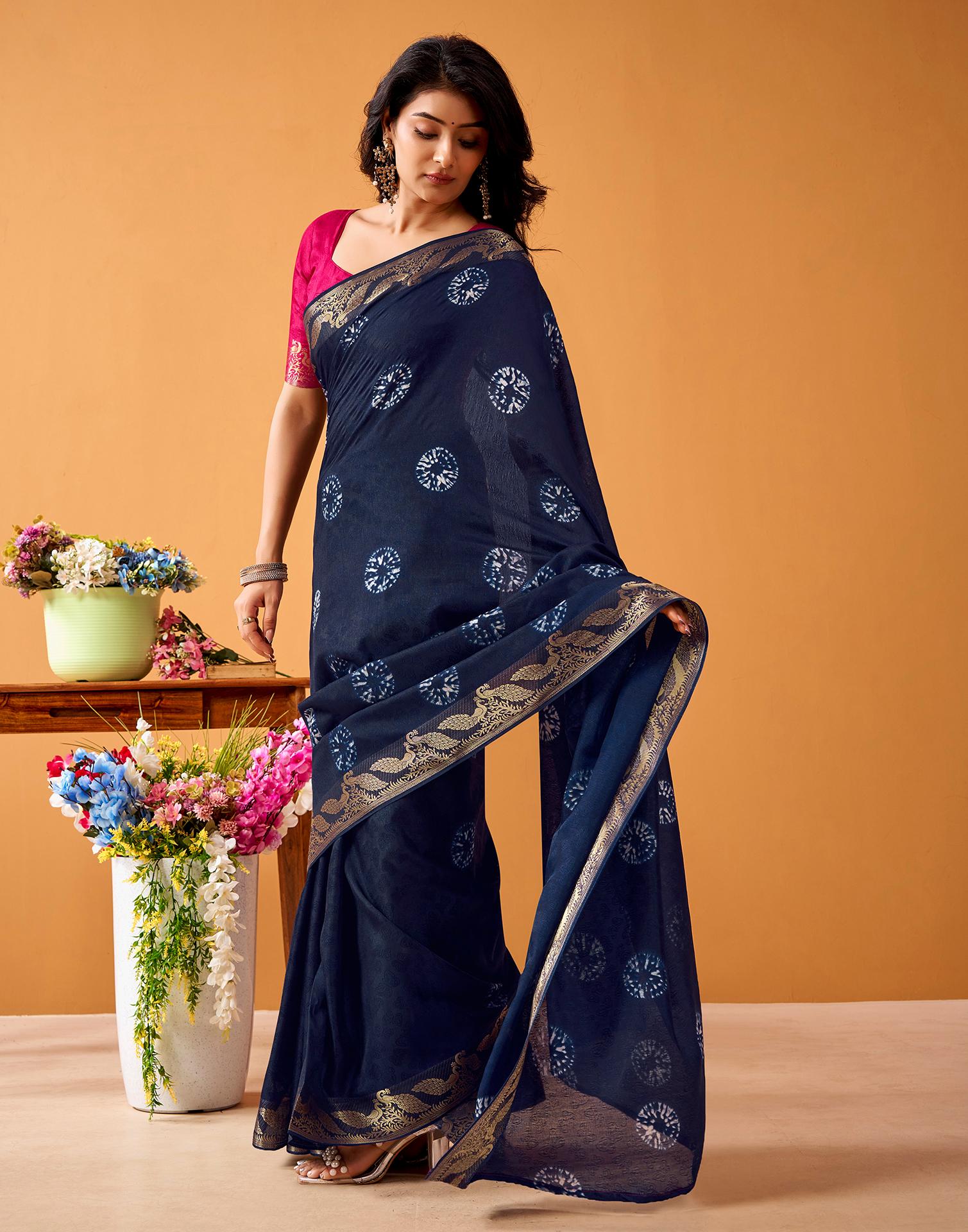 Navy Blue Silk Woven Printed Saree - Image 2