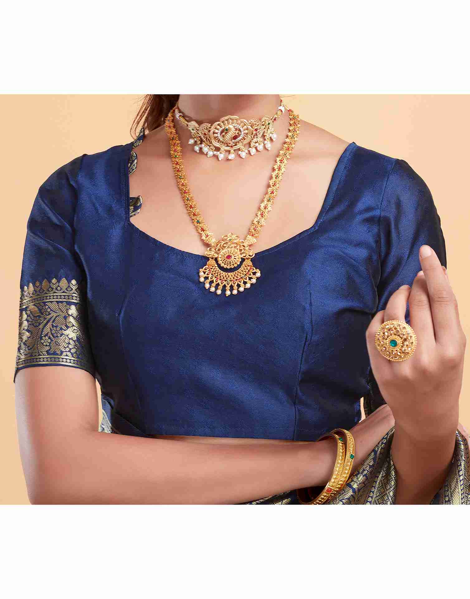 Navy Blue Silk Woven Banarasi Saree - Image 8