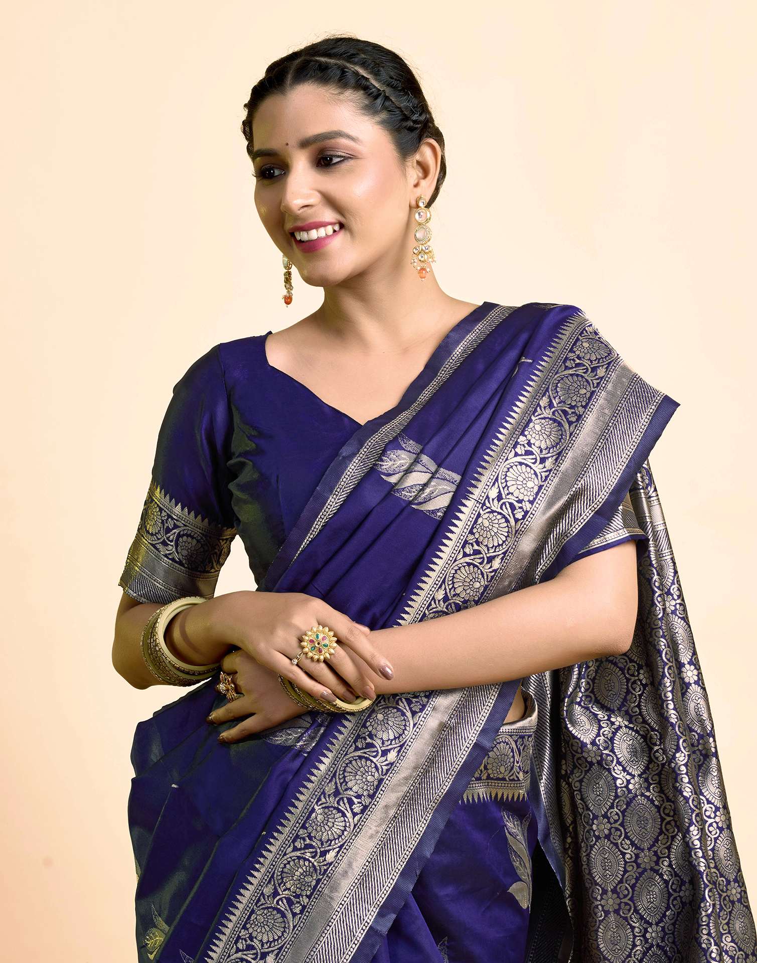 Navy Blue Silk Woven Banarasi Saree - Image 2