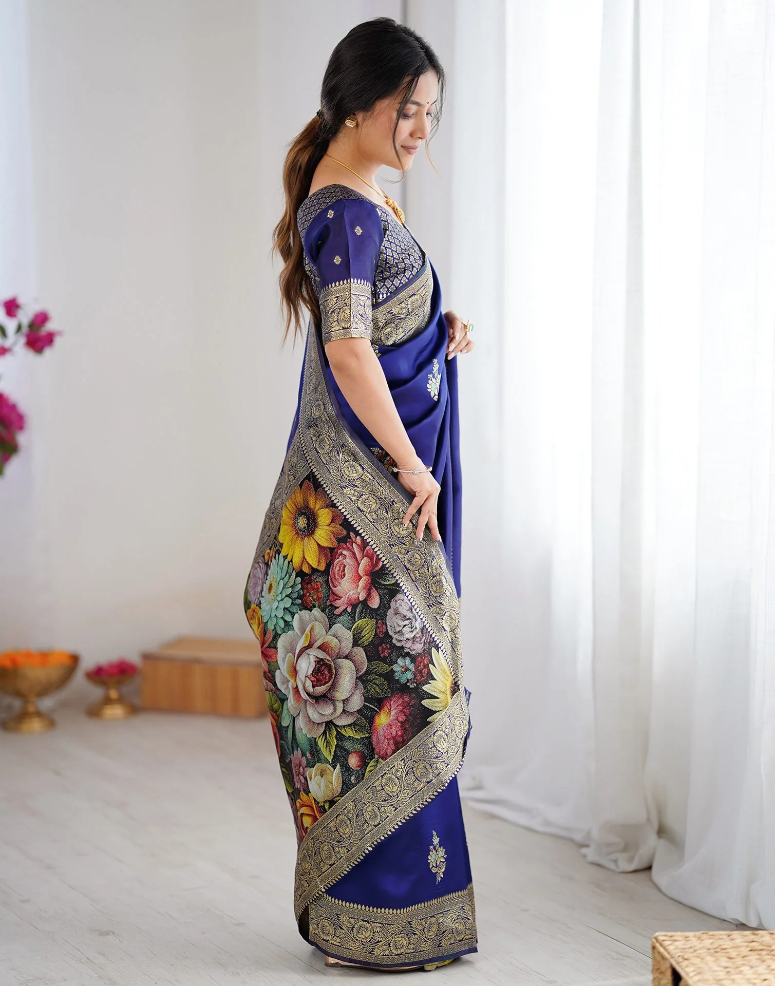Navy Blue Silk Woven Saree - Image 10