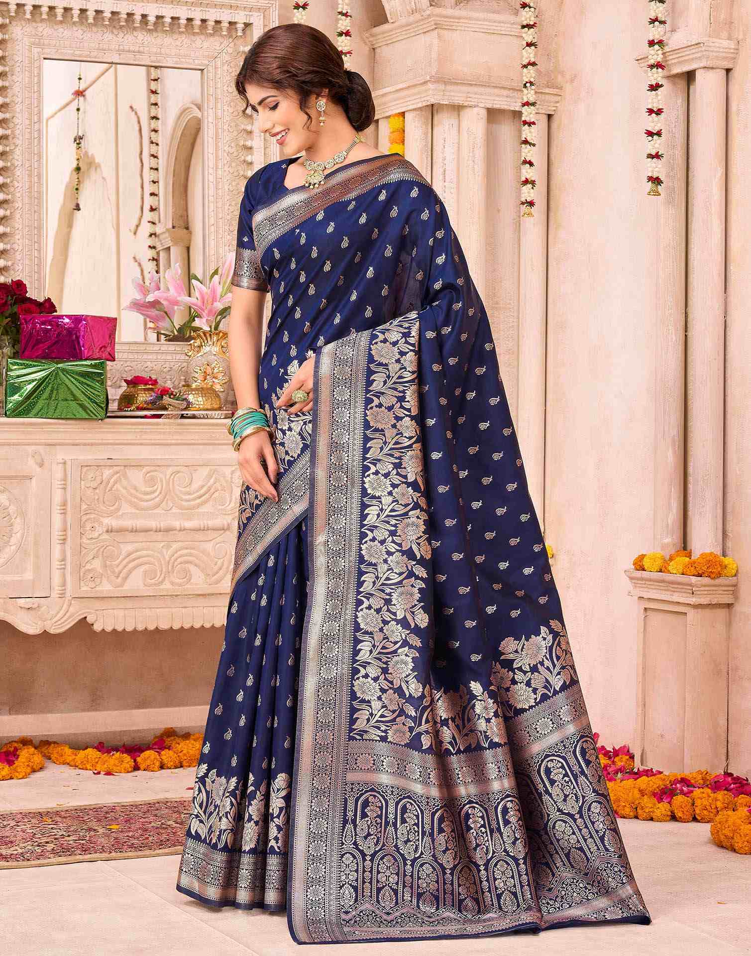 Navy Blue Silk Woven Saree - Image 6