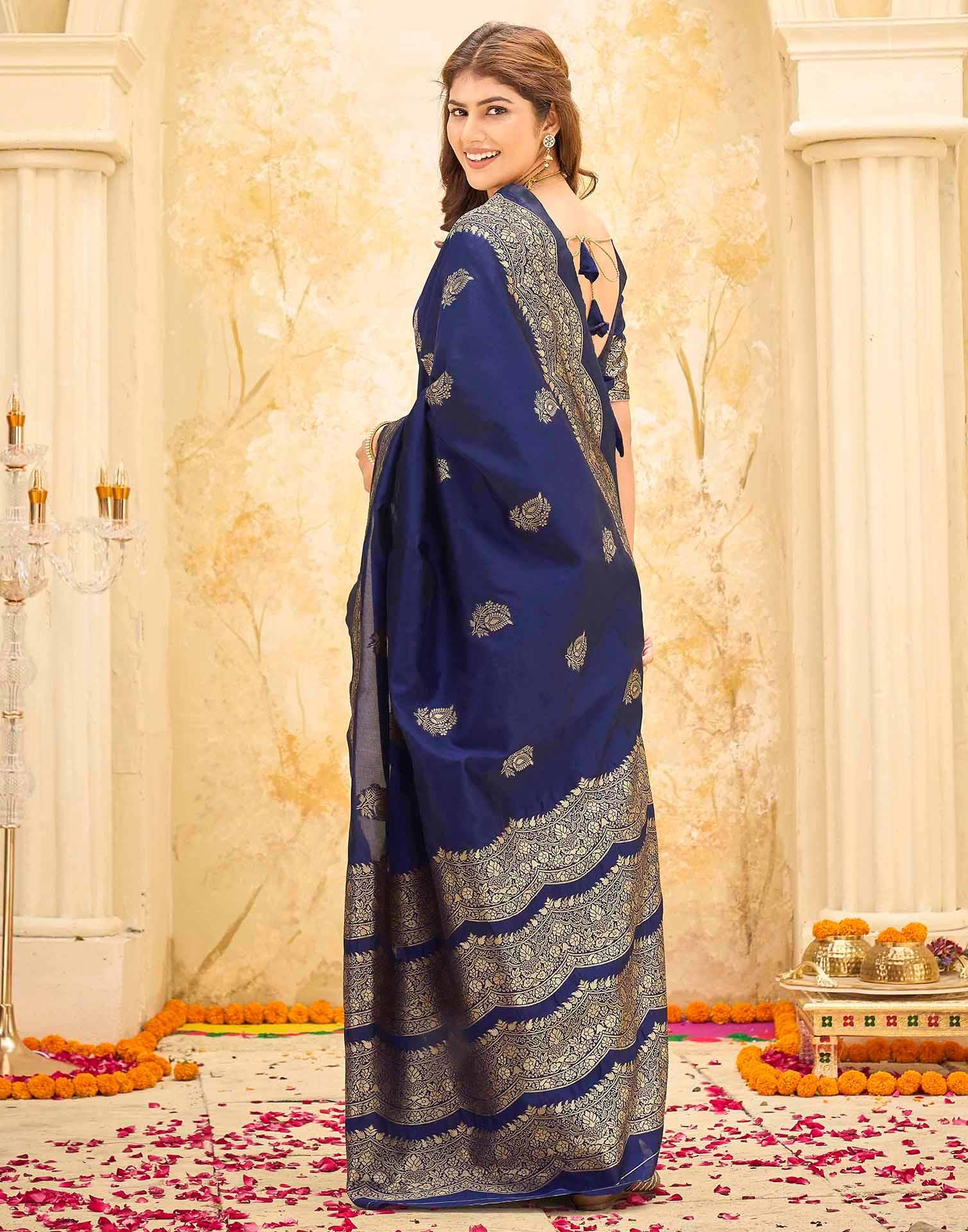 Navy Blue Silk Woven Banarasi Saree - Image 6