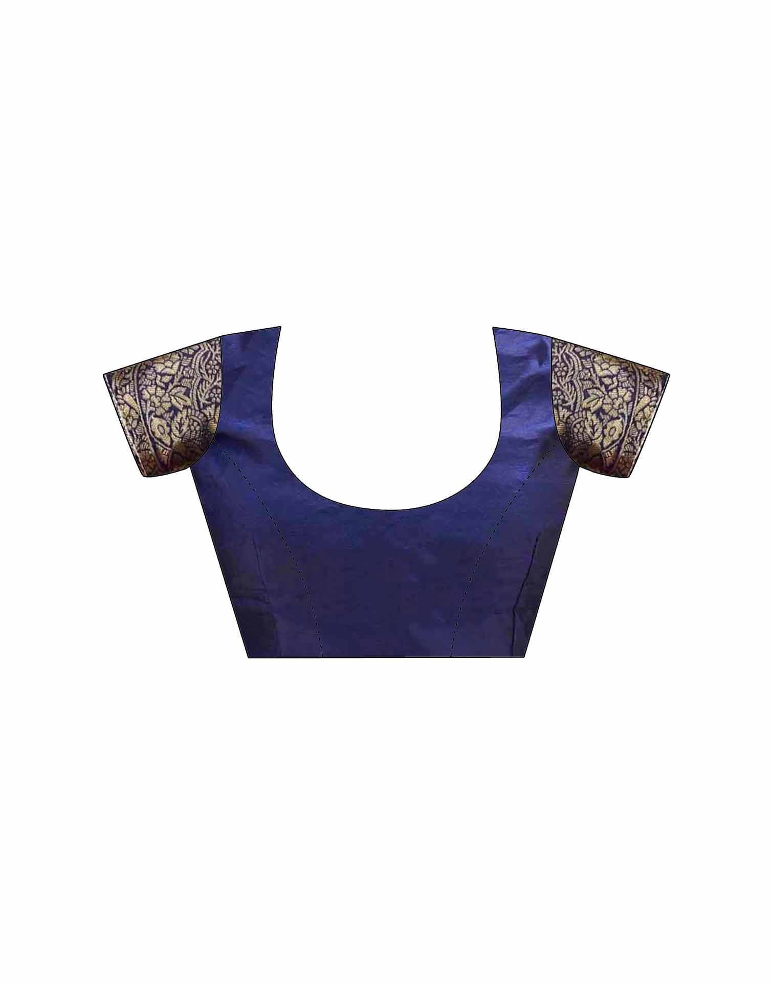 Navy Blue Silk Woven Banarasi Saree - Image 9
