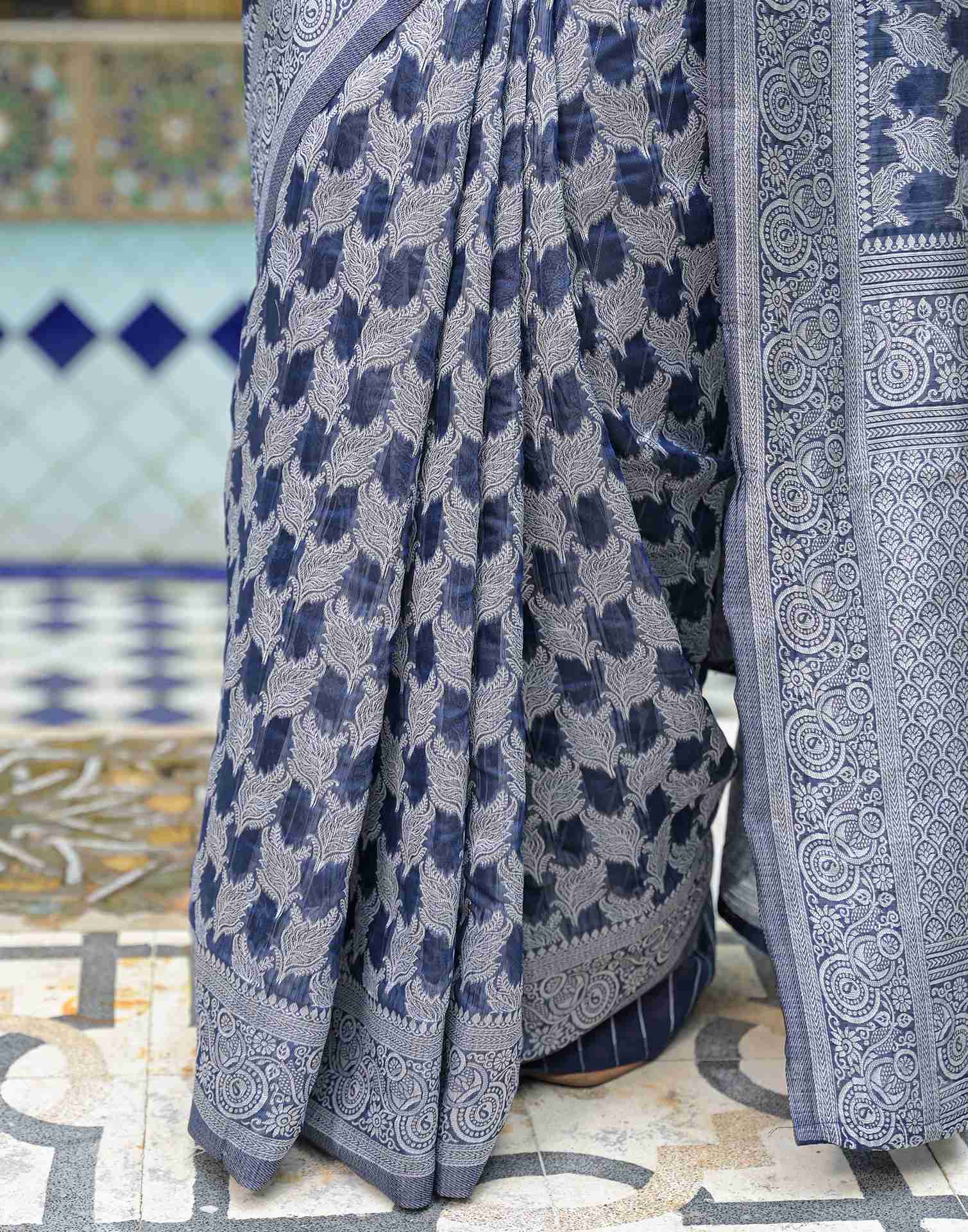 Navy Blue Silk Woven Saree - Image 11
