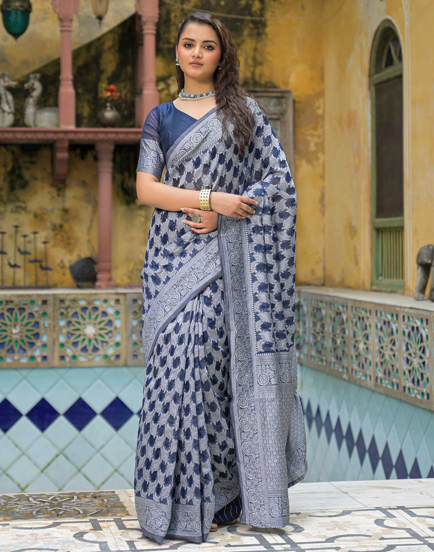 Navy Blue Silk Woven Saree - Image 2