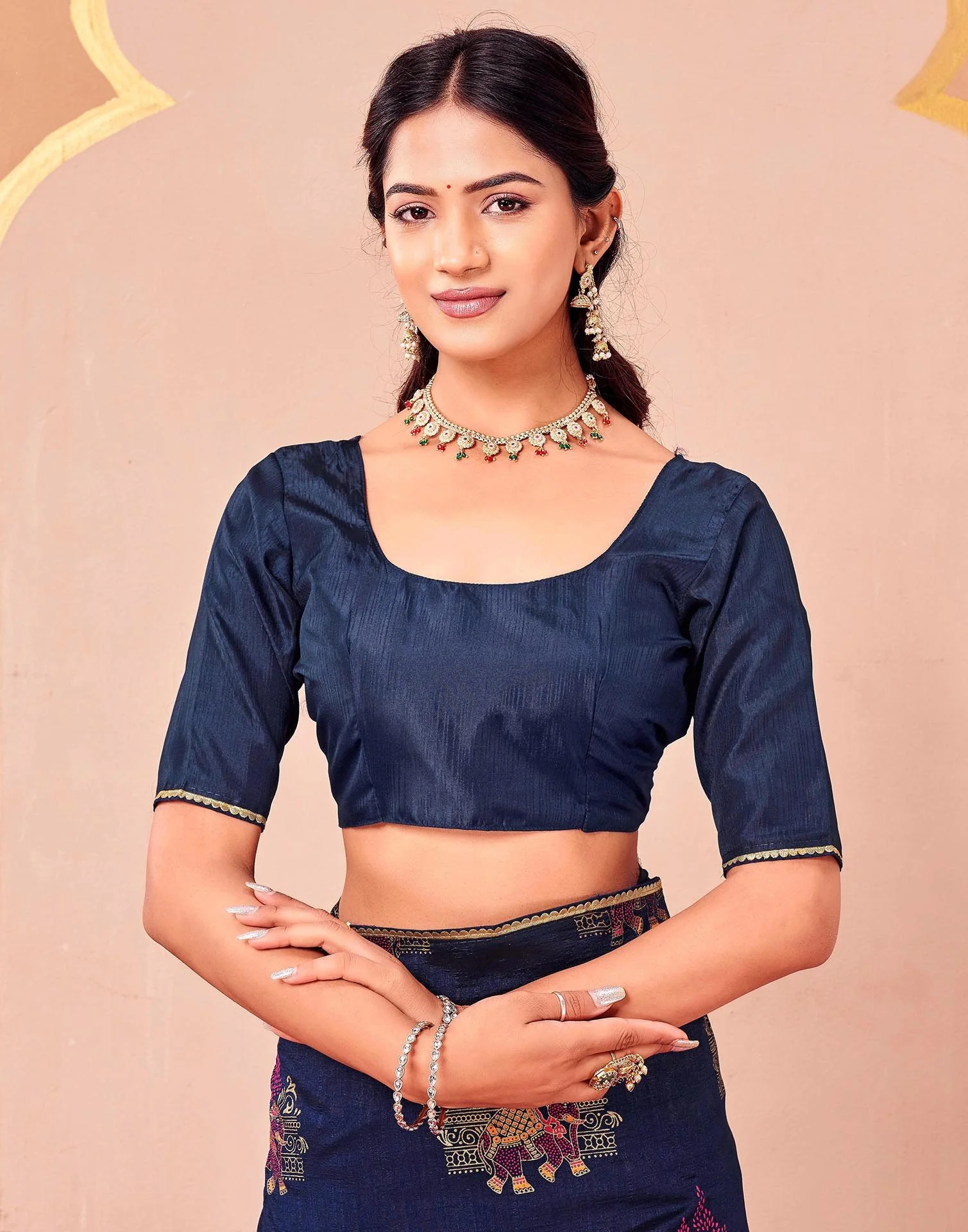 Navy Blue Vichitra Silk Foil Printed Saree - Image 8