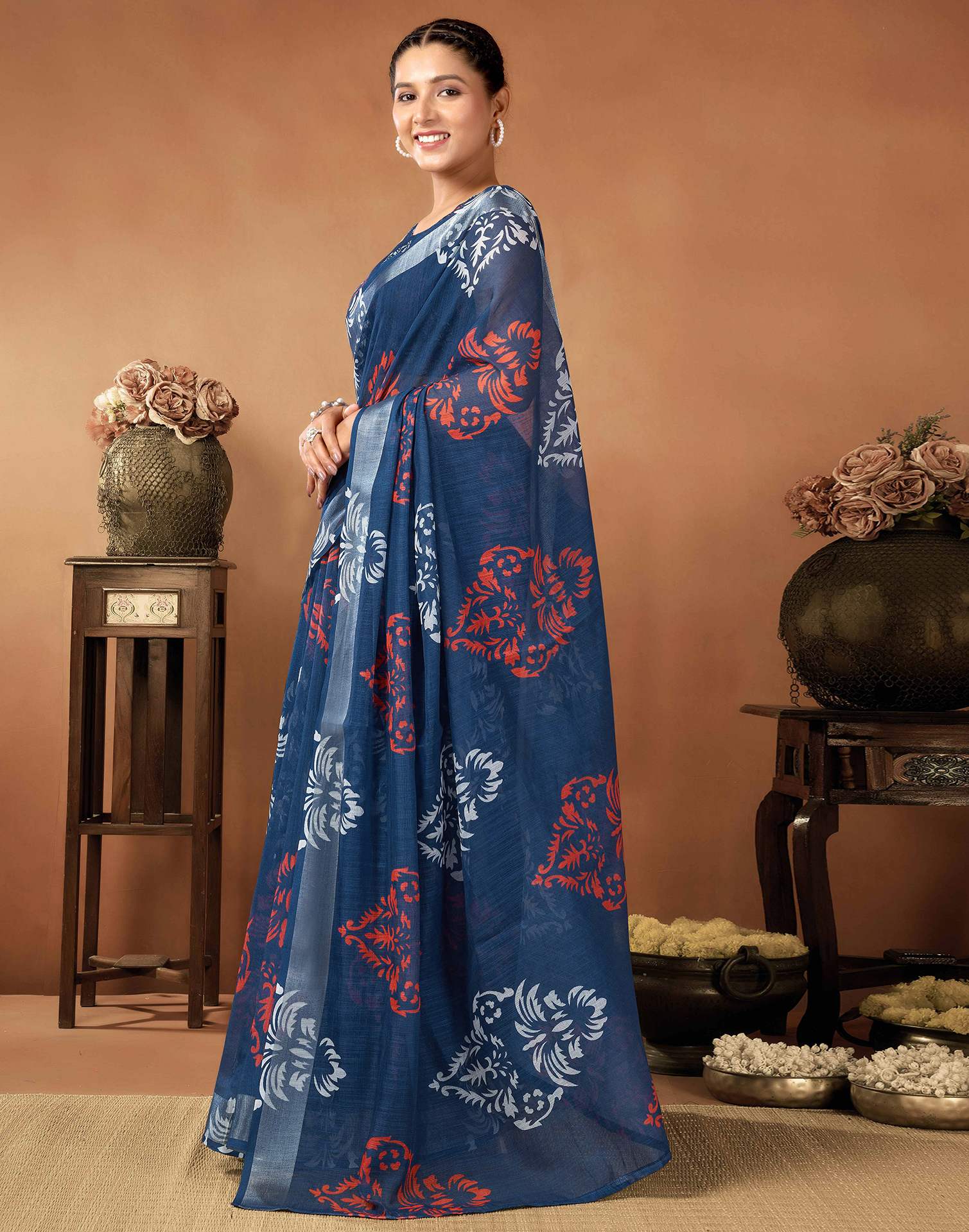 Navy Blue Cotton Linen Printed Saree - Image 4