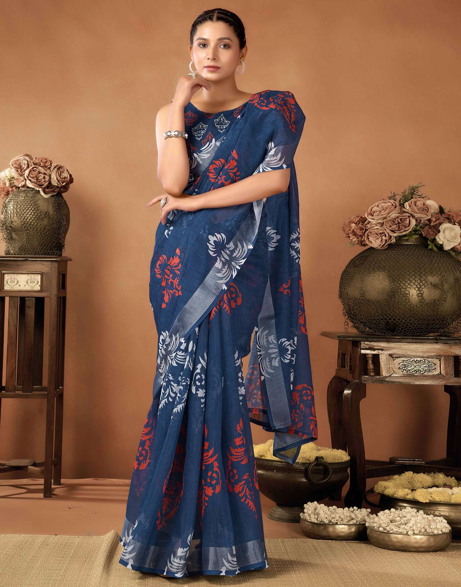 Navy Blue Cotton Linen Printed Saree - Image 5