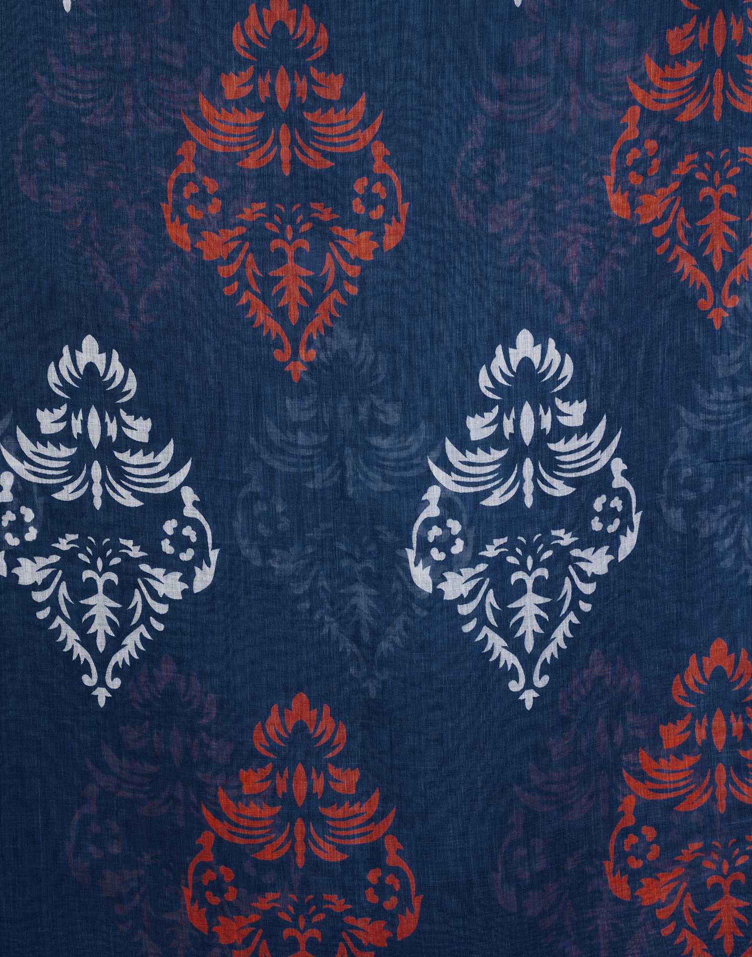 Navy Blue Cotton Linen Printed Saree - Image 7