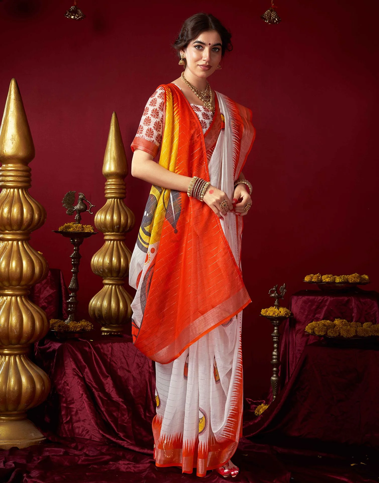 Off White Chanderi Zari Durga Puja Saree - Image 5