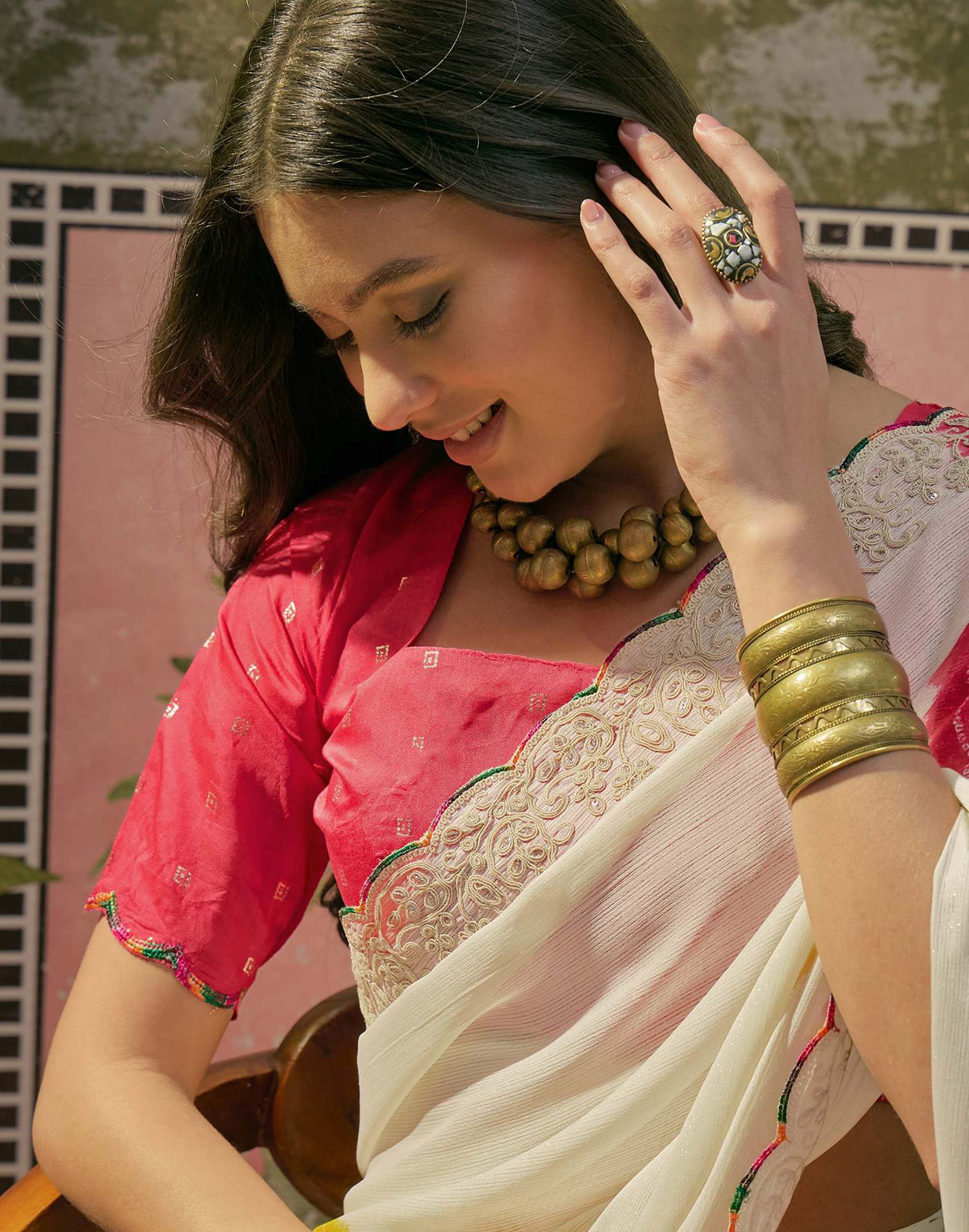 Off White Chiffon Bandhani Printed Embroidery Saree - Image 2