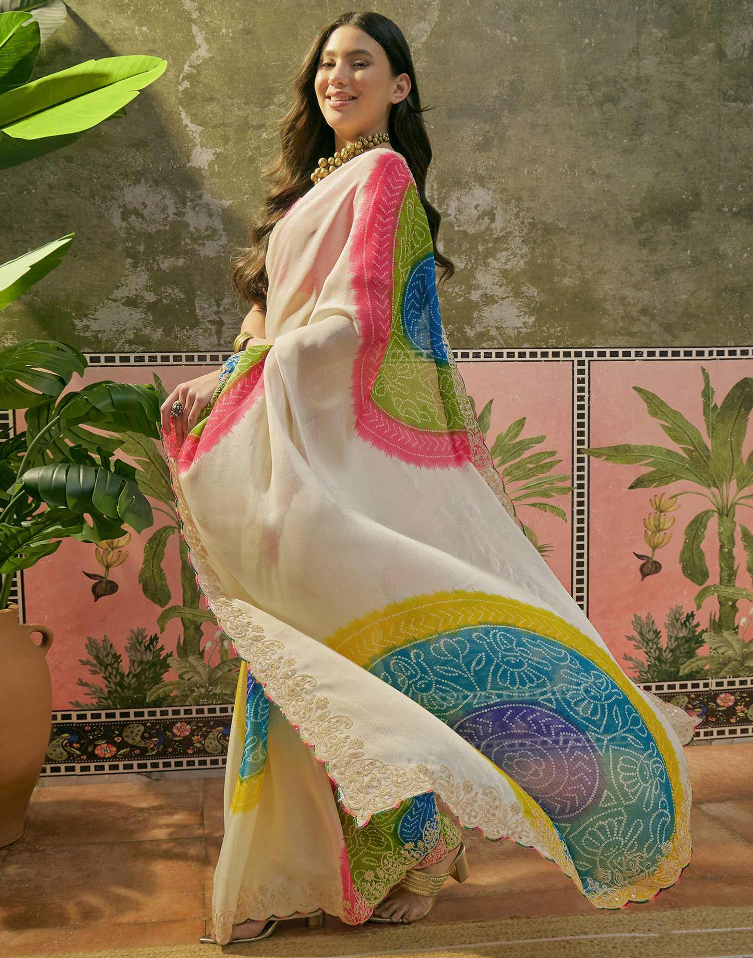 Off White Chiffon Bandhani Printed Embroidery Saree - Image 5