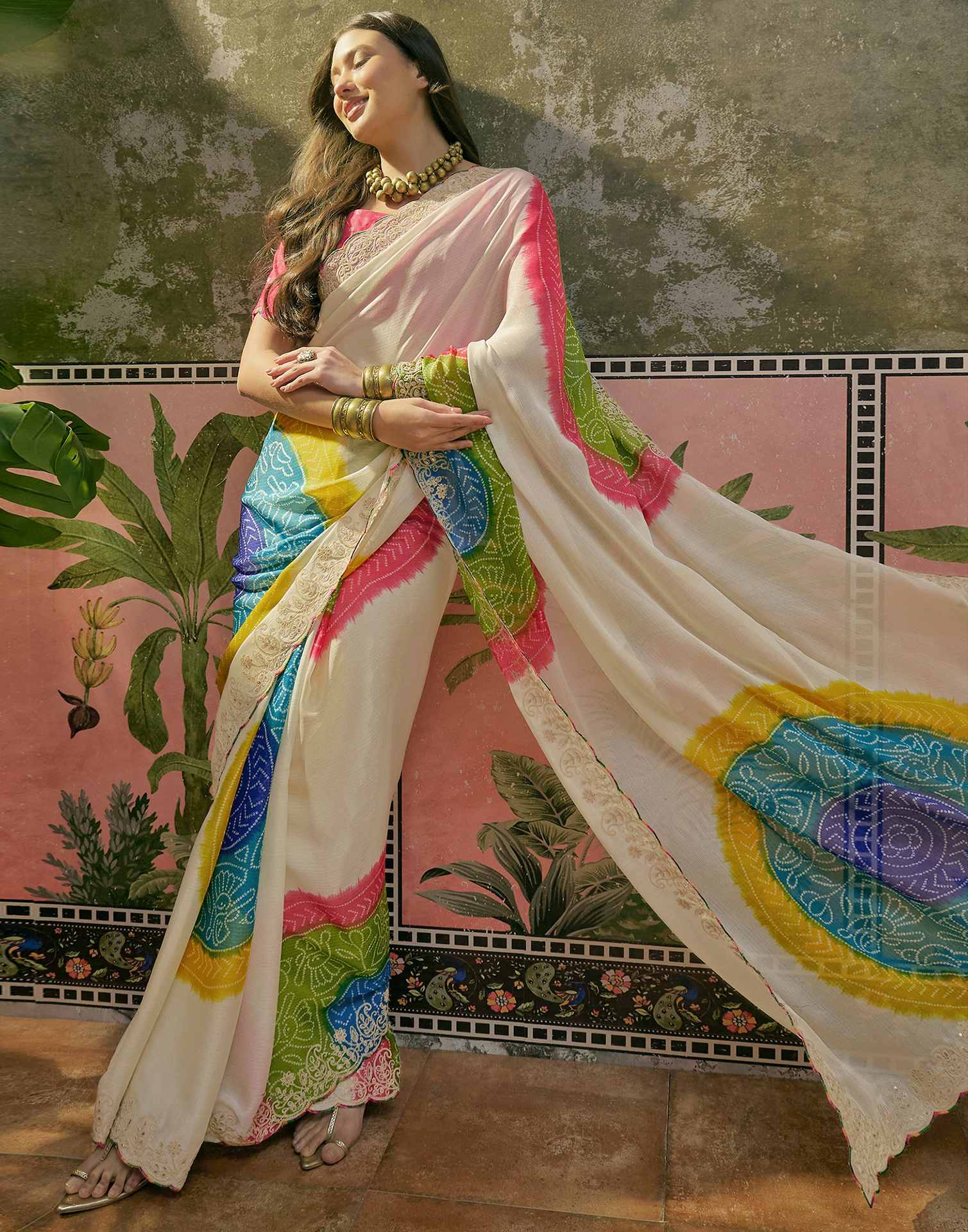 Off White Chiffon Bandhani Printed Embroidery Saree - Image 6
