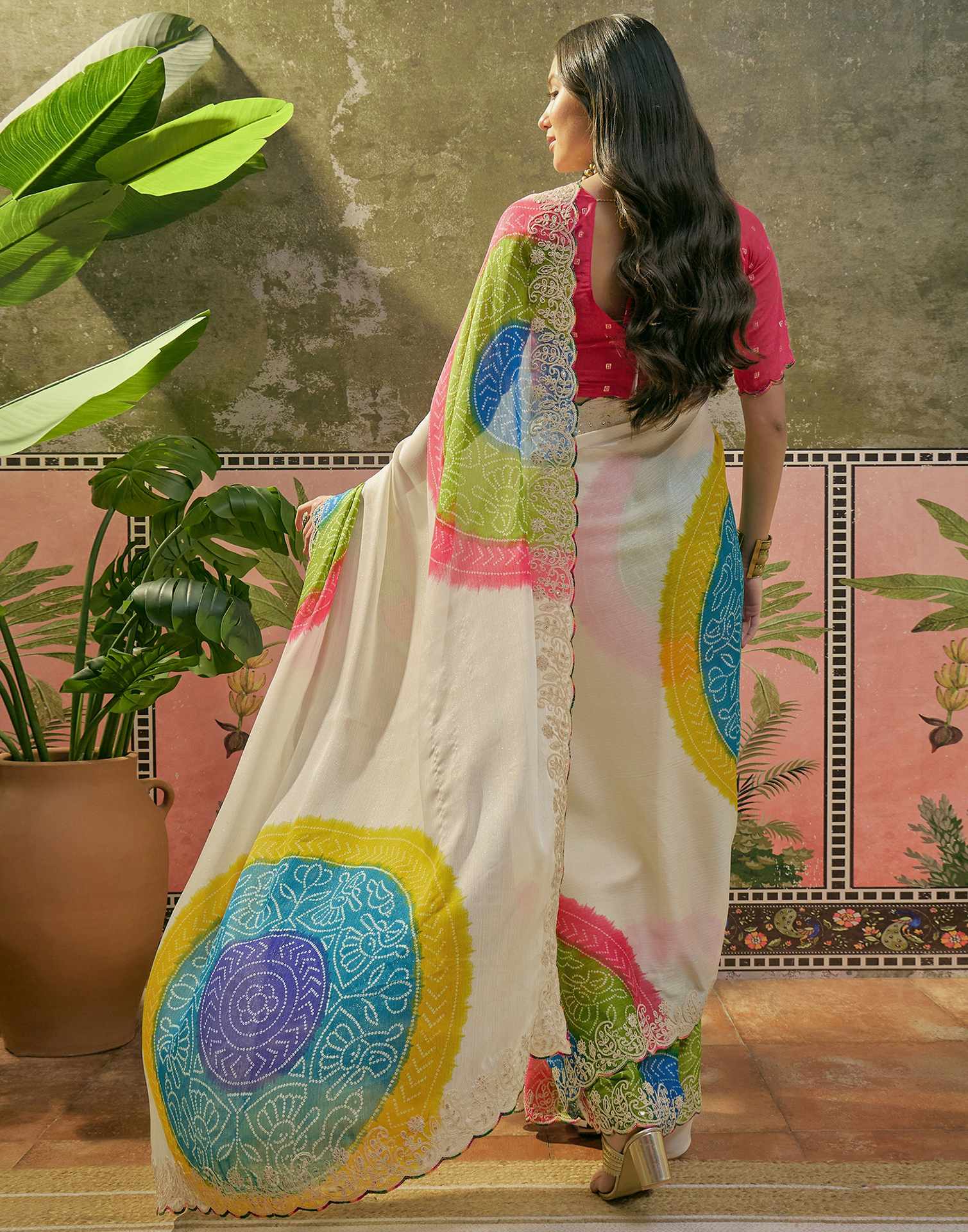 Off White Chiffon Bandhani Printed Embroidery Saree - Image 7