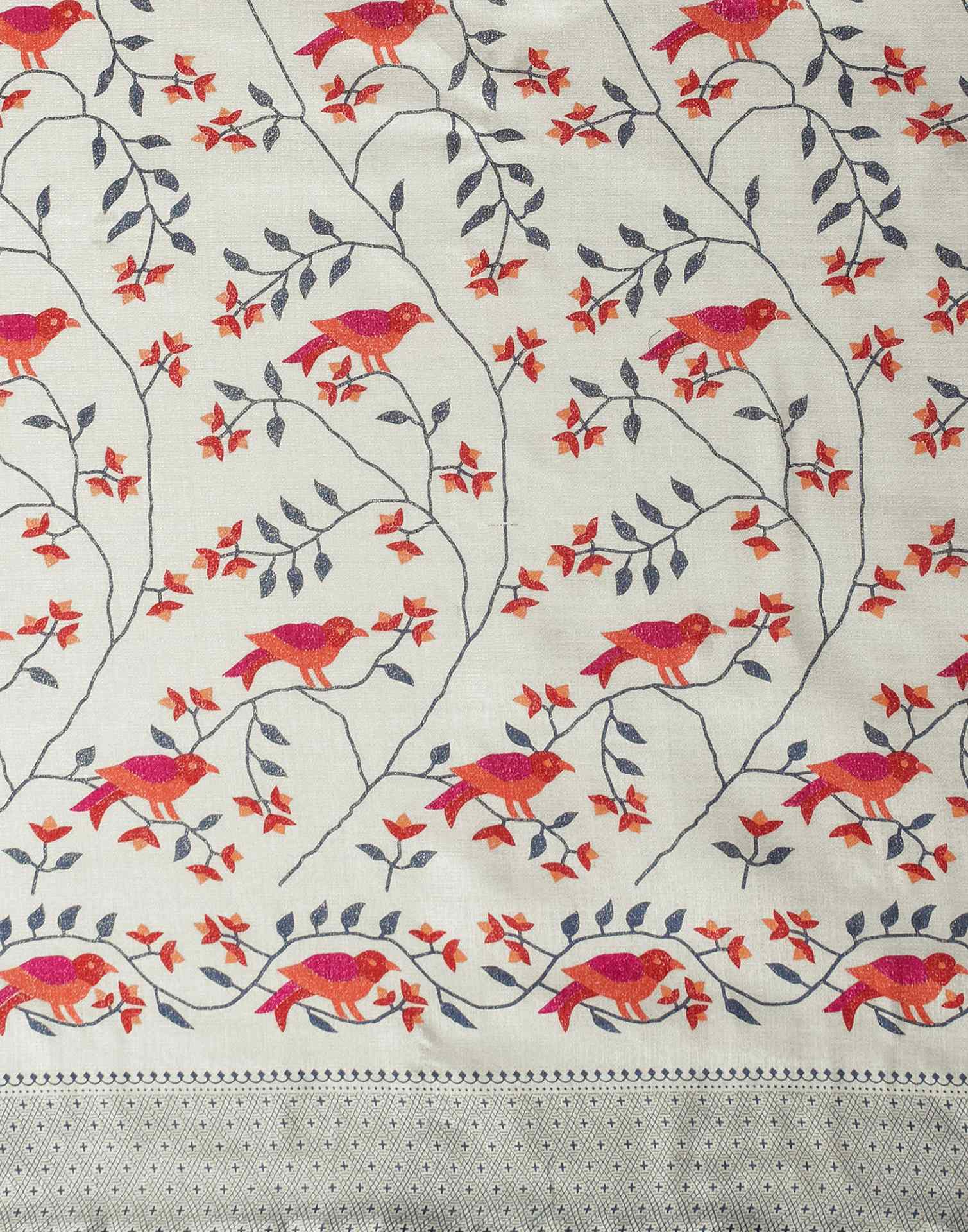 Off White Cotton Blend Floral Printed Saree - Image 6