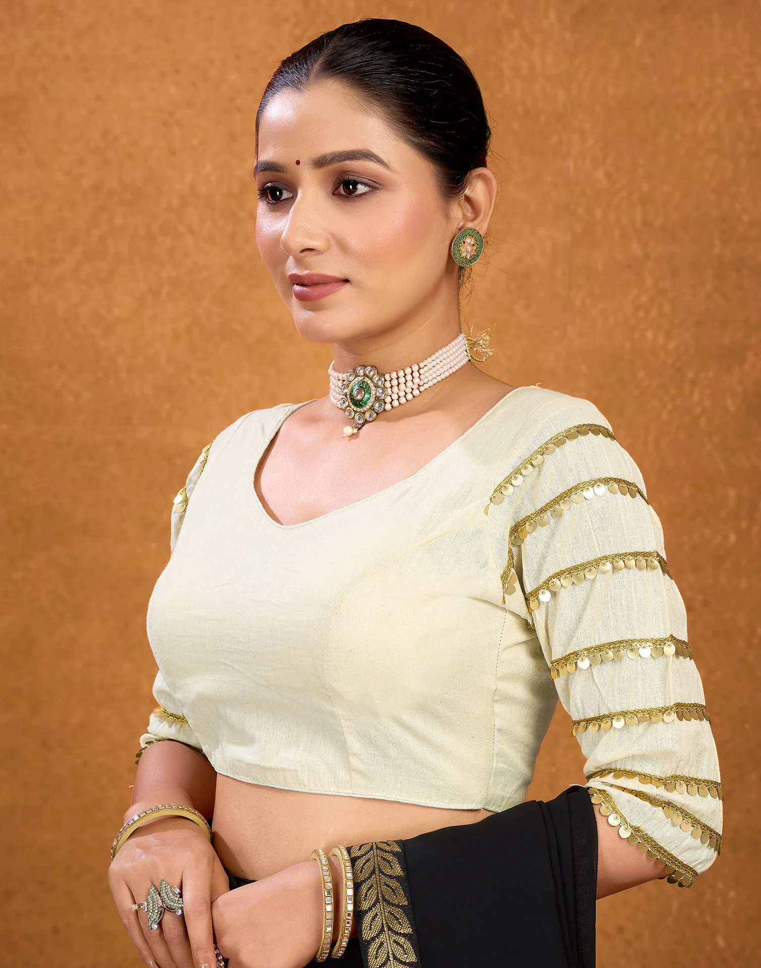 Cream Cotton Plain Sequence Blouse - Image 4