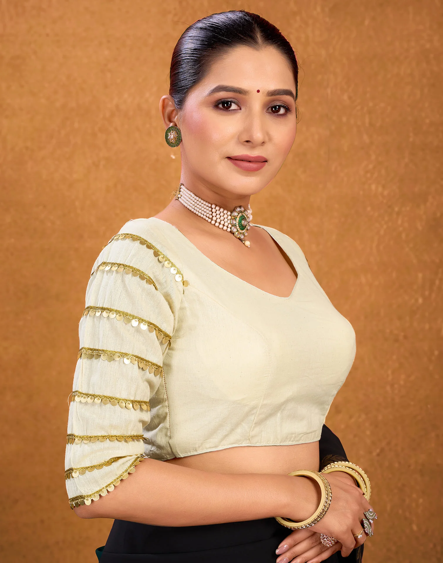 Cream Cotton Plain Sequence Blouse - Image 5