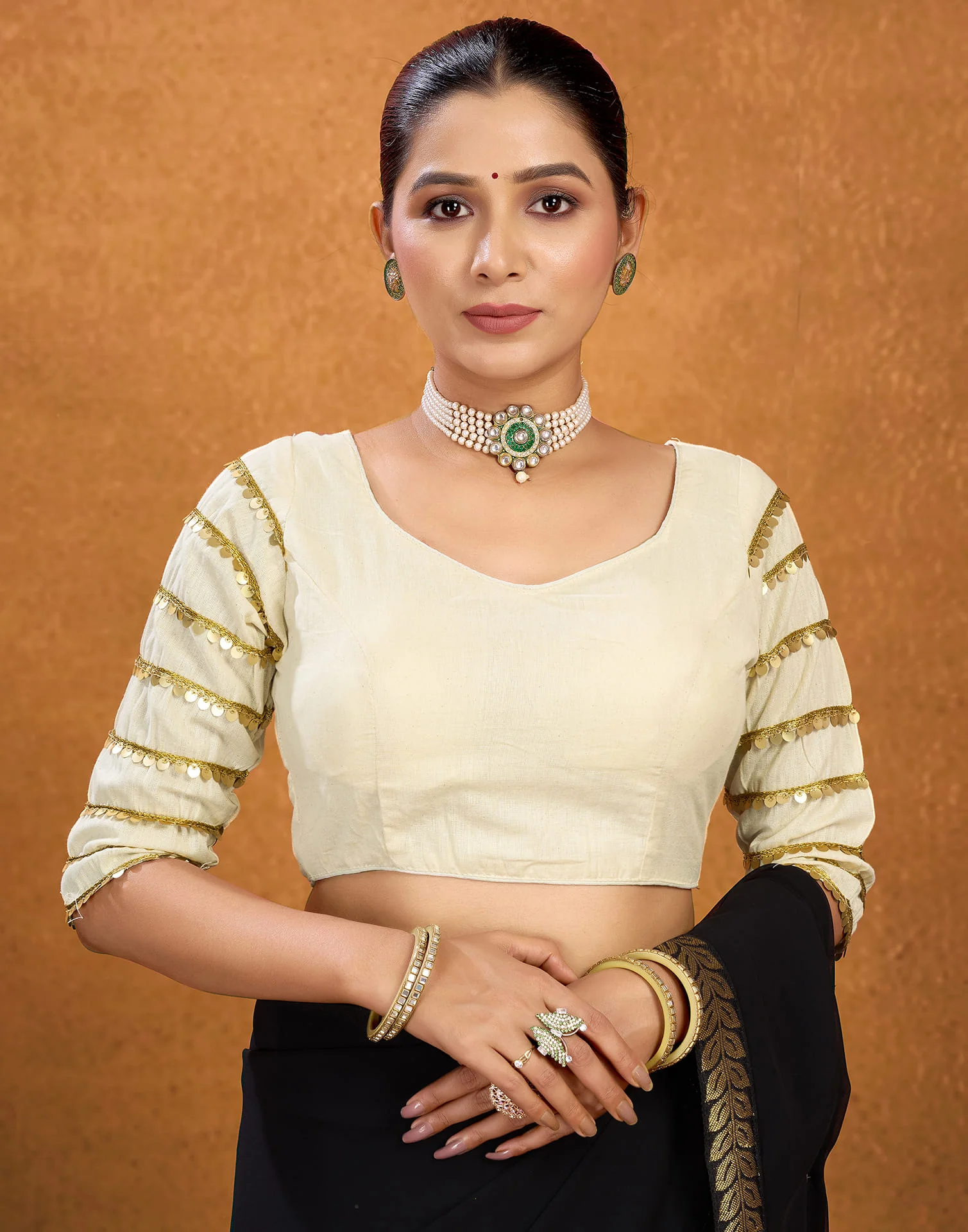 Cream Cotton Plain Sequence Blouse - Image 6