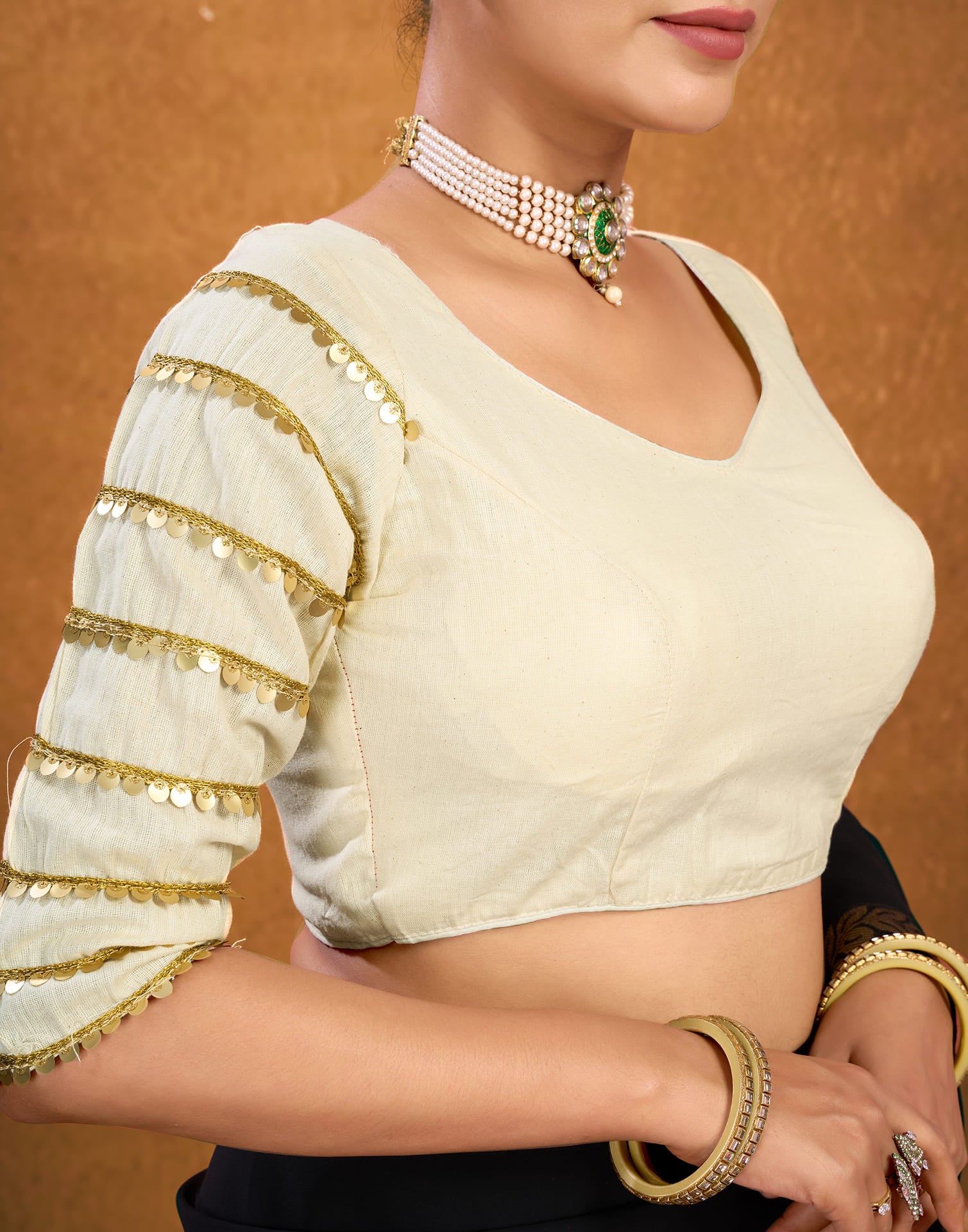 Cream Cotton Plain Sequence Blouse - Image 7