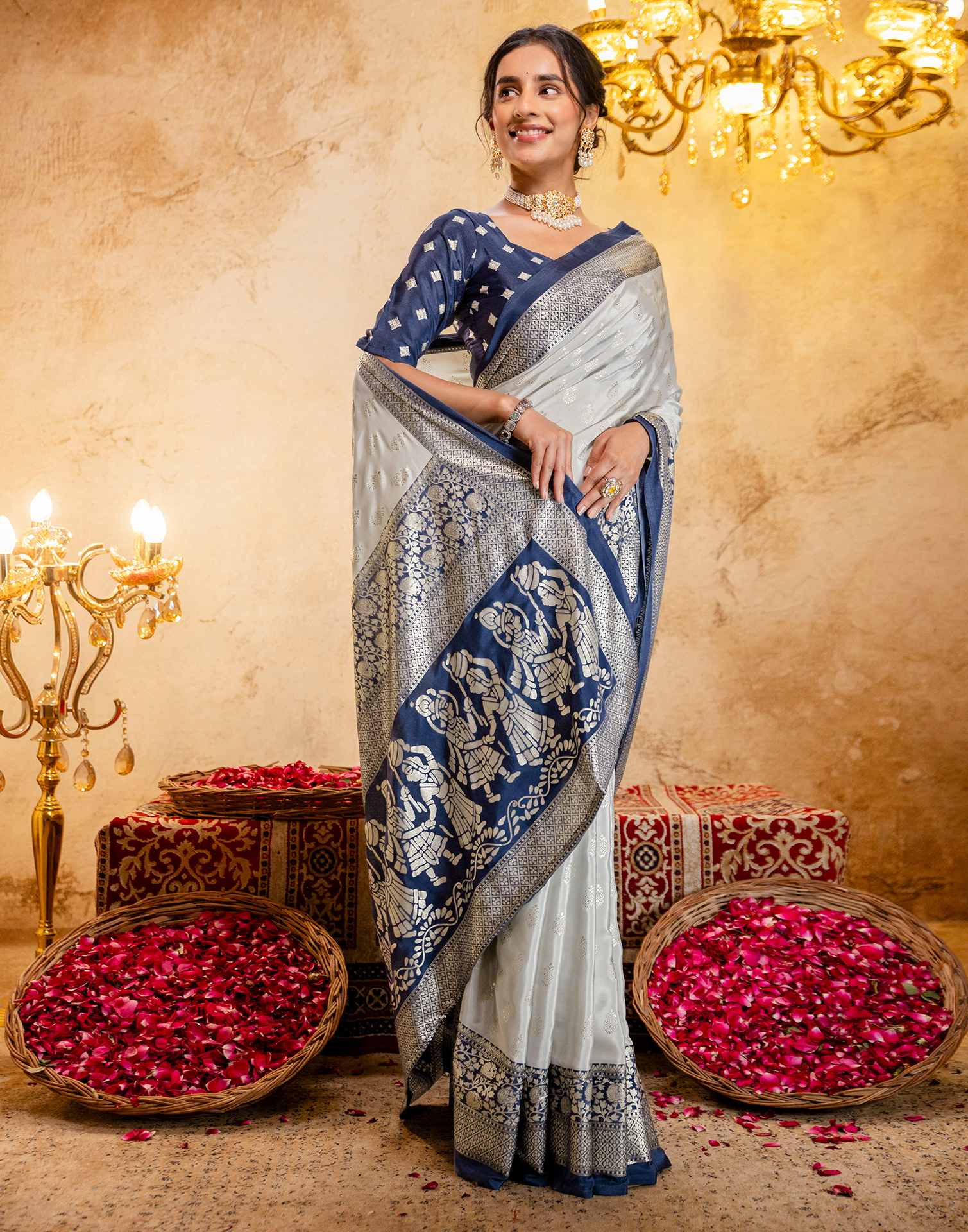 Off White Crepe Silk Foil Printed Saree - Image 7
