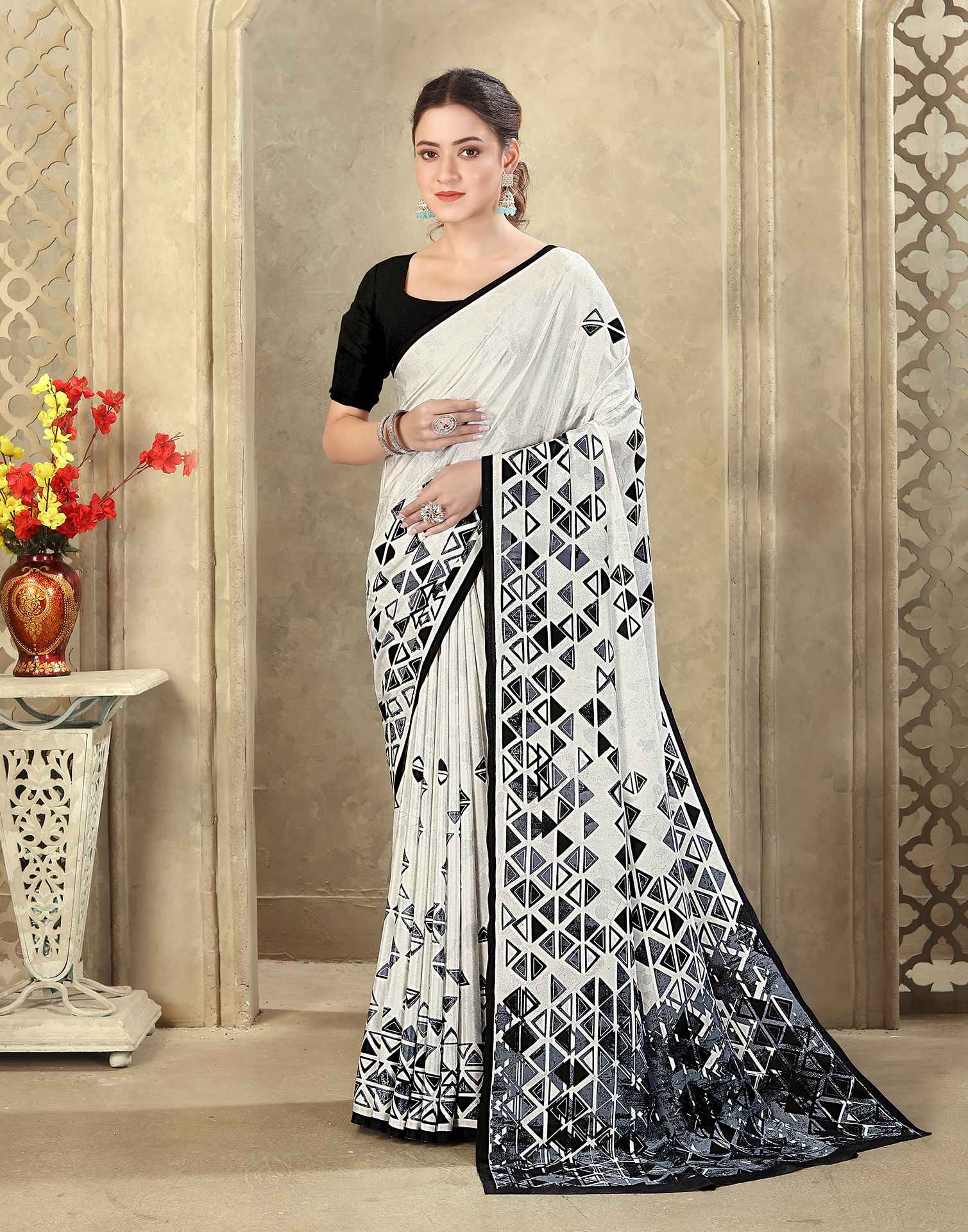 Off White Crepe Silk Printed Saree