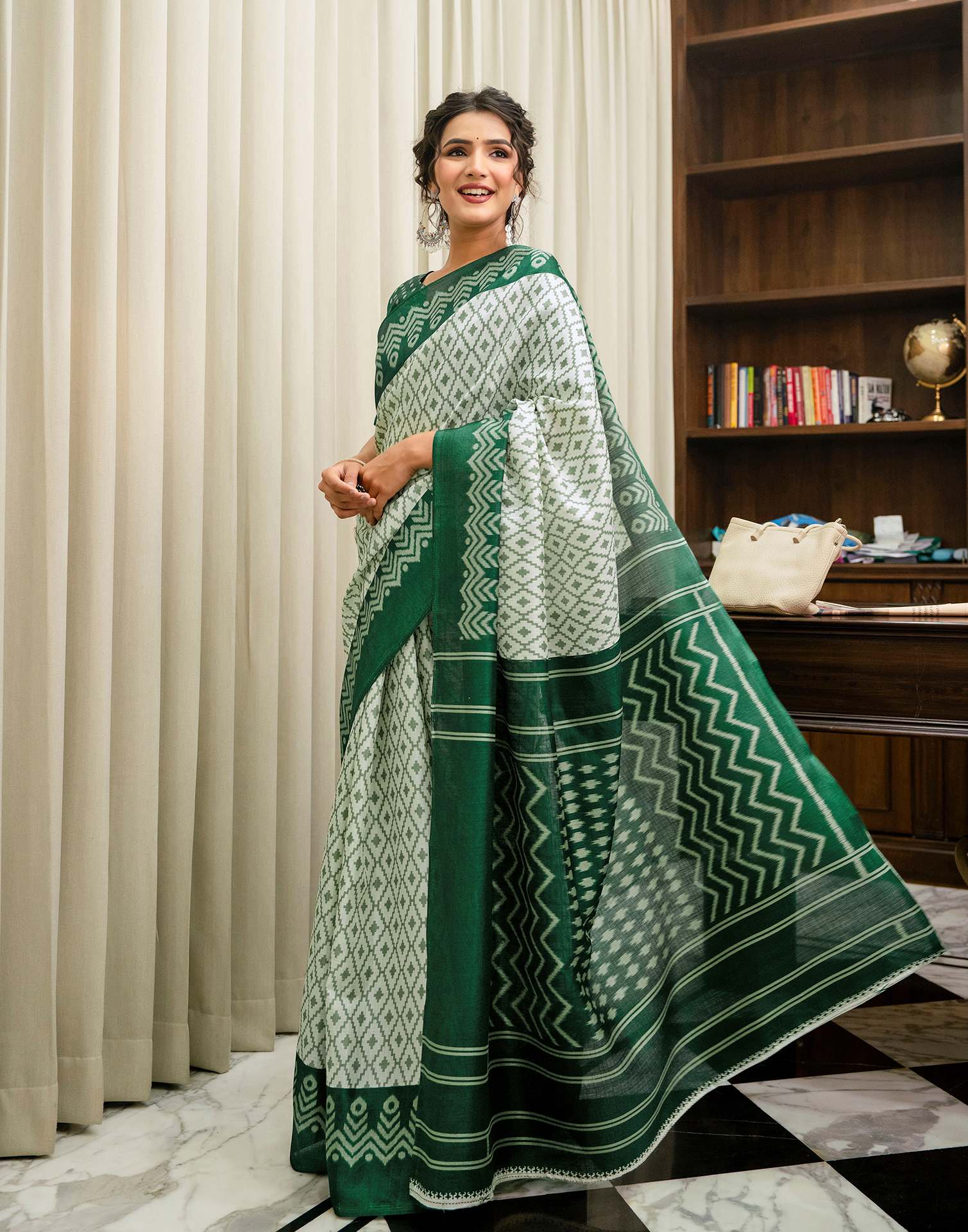 Off White Khadi Ikkat Printed SareeĀ
