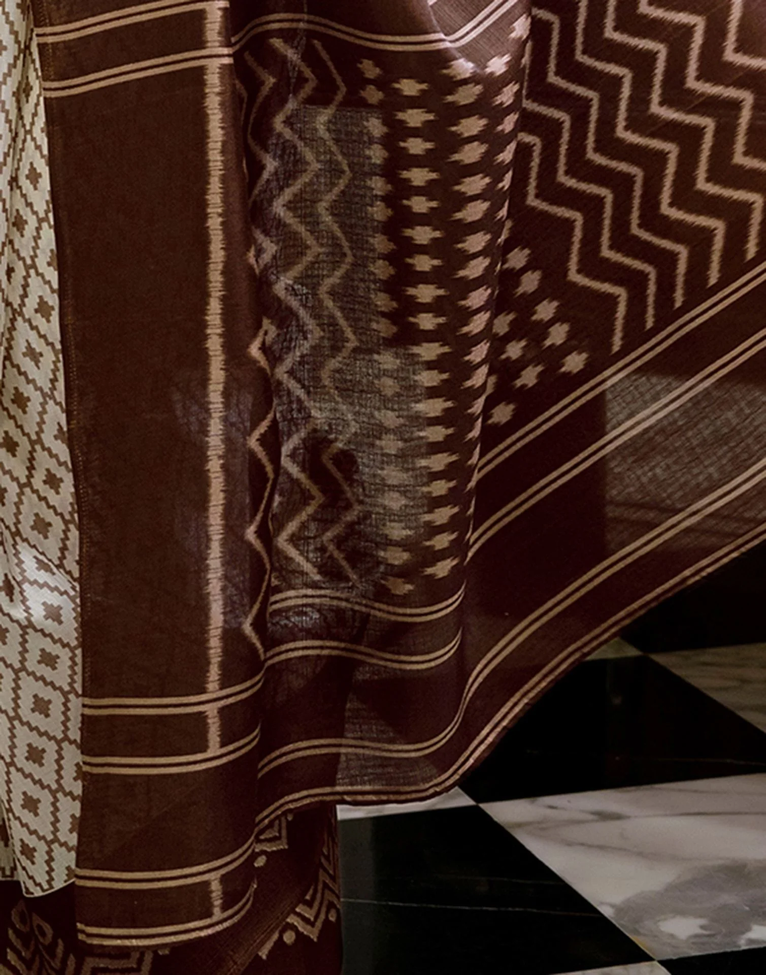 Off White Khadi Ikkat Printed Saree  - Image 10