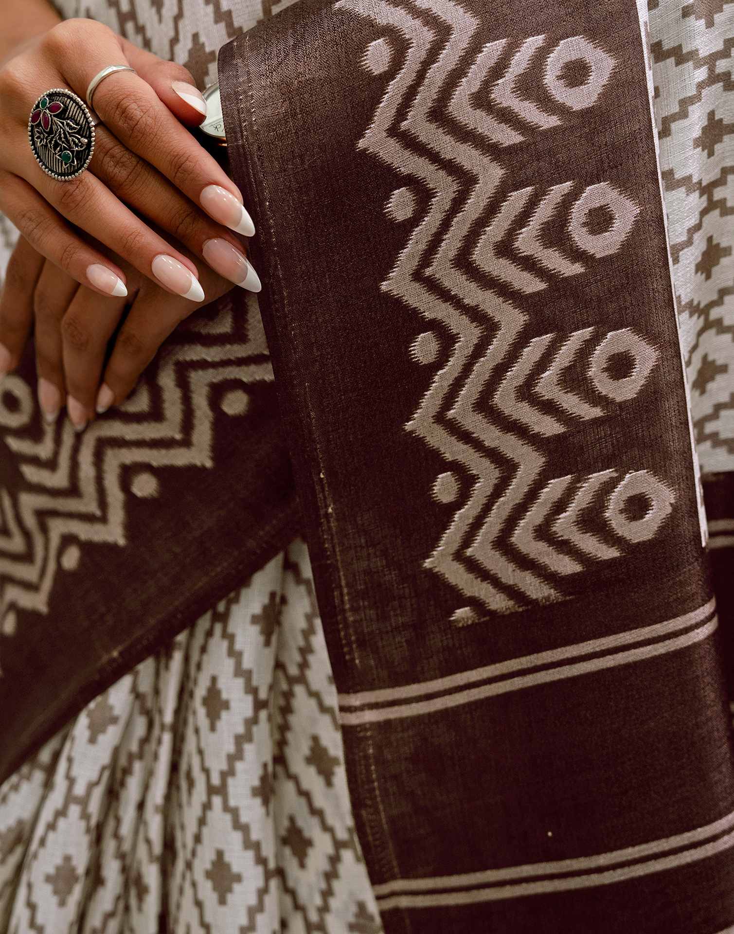 Off White Khadi Ikkat Printed Saree  - Image 11