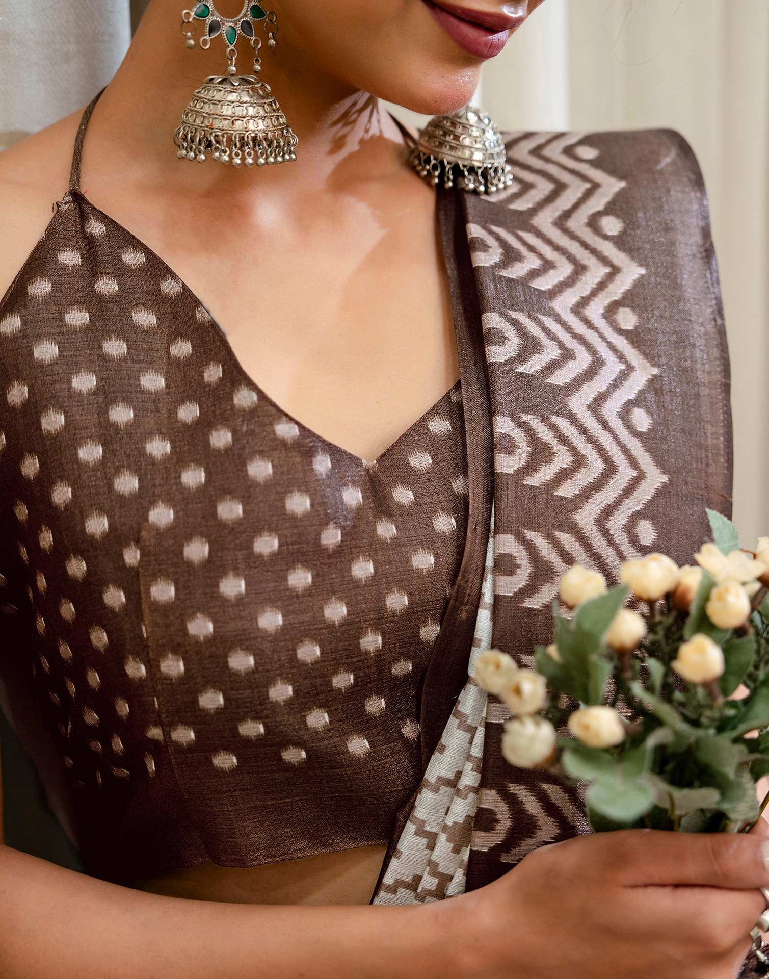 Off White Khadi Ikkat Printed Saree  - Image 13