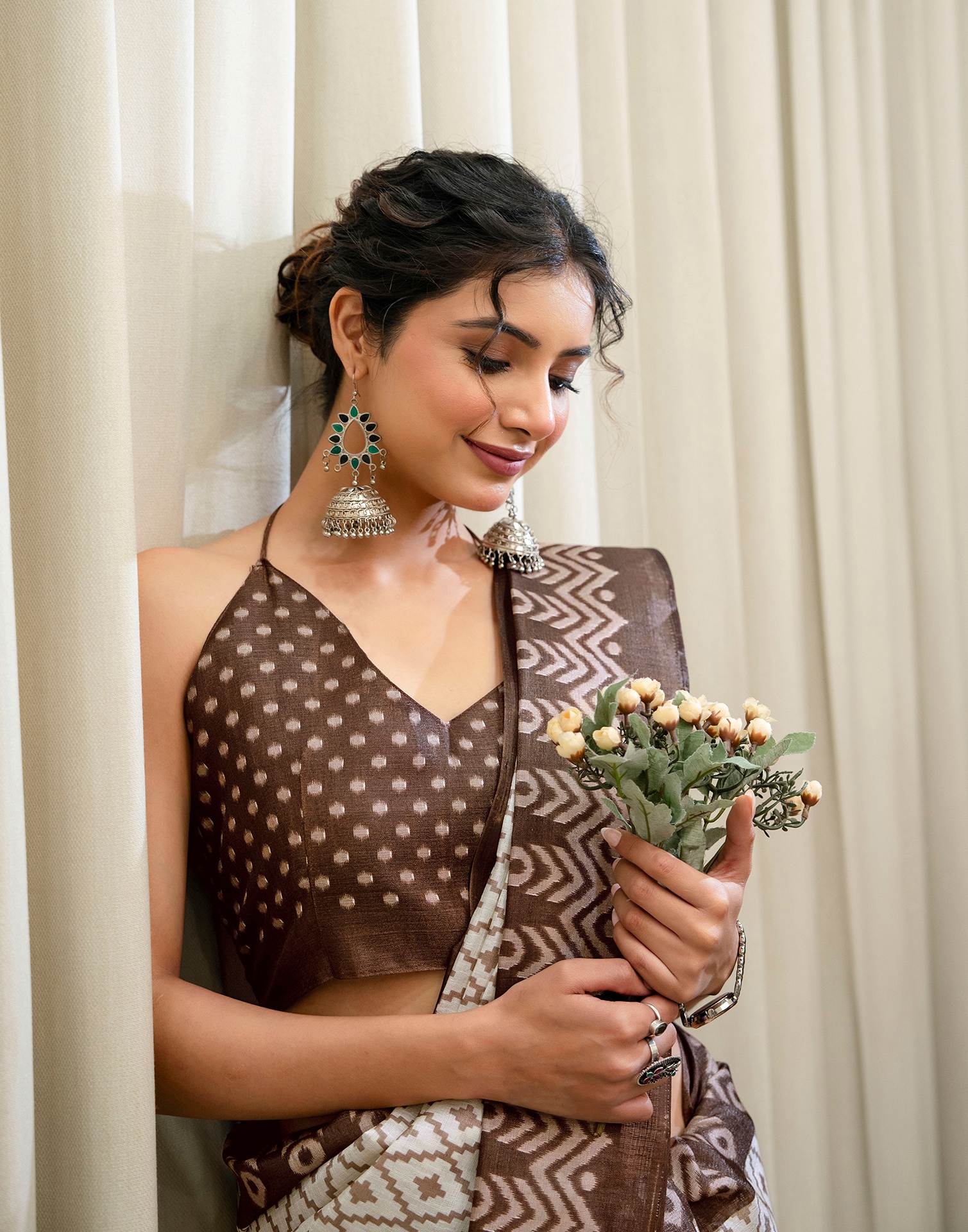Off White Khadi Ikkat Printed Saree  - Image 2