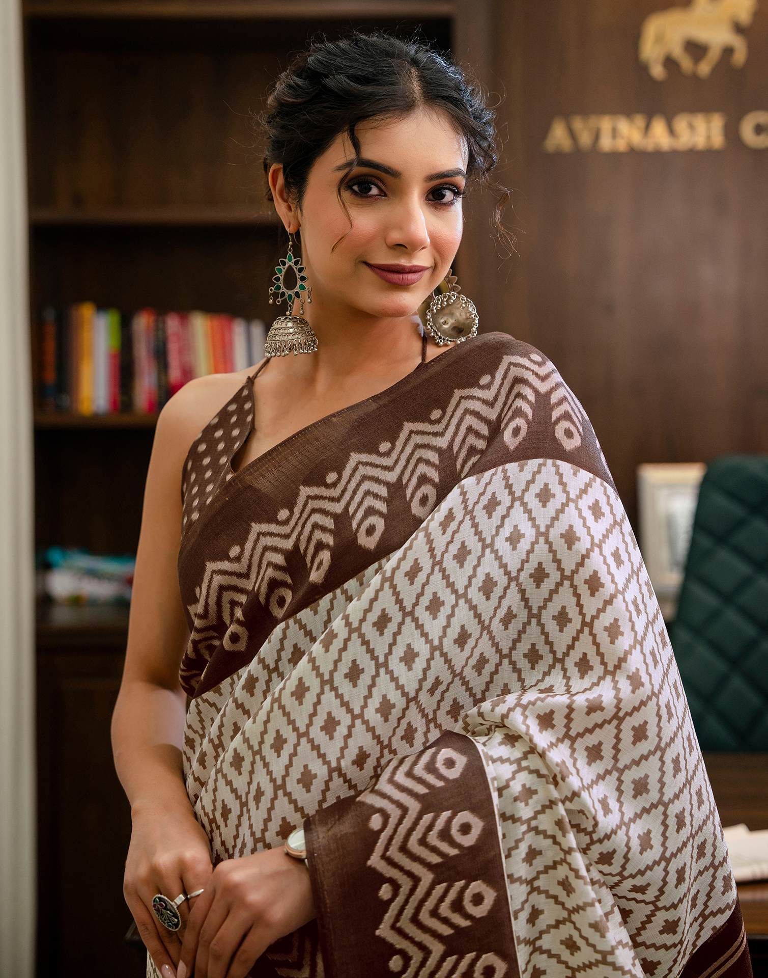 Off White Khadi Ikkat Printed Saree  - Image 4
