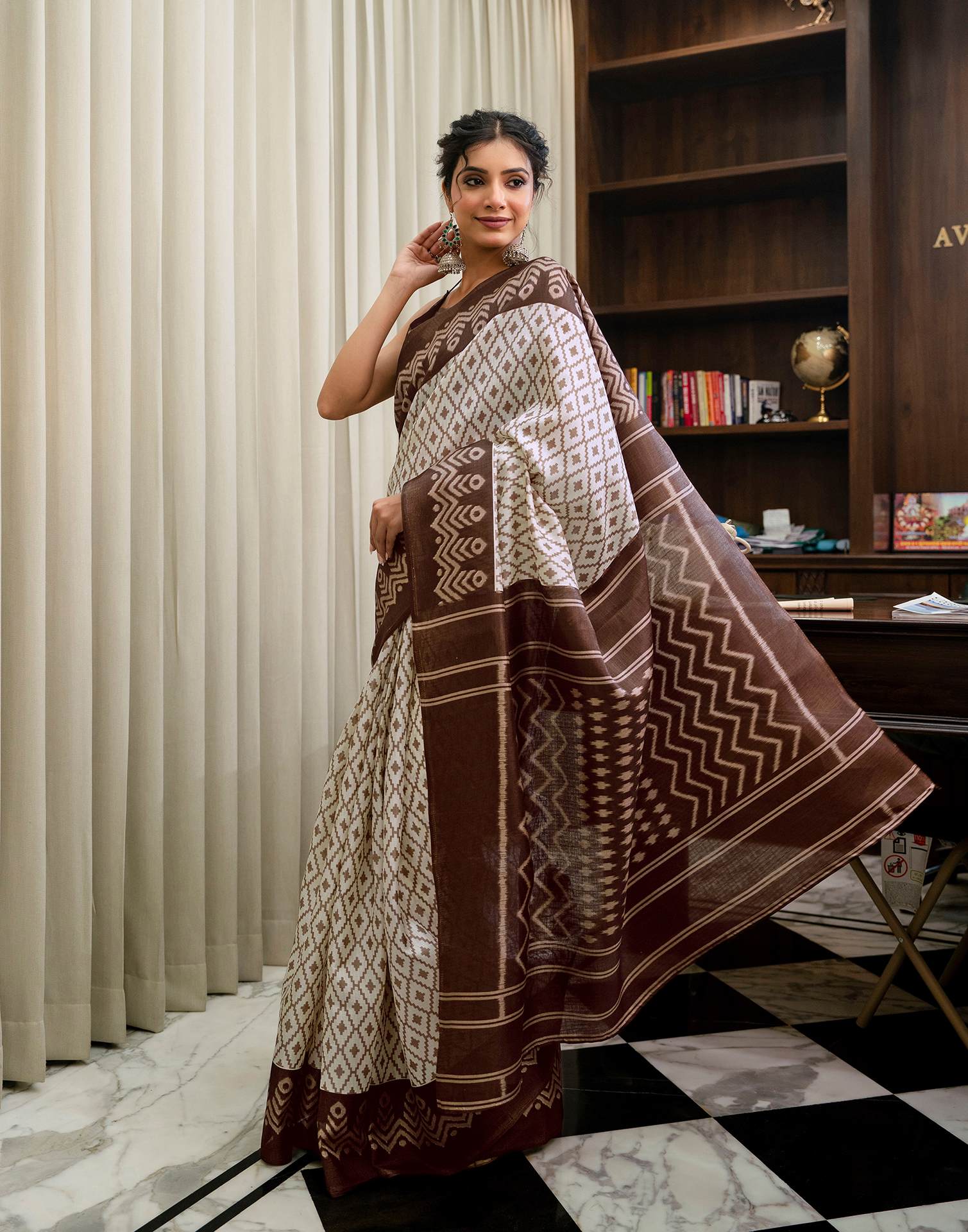 Off White Khadi Ikkat Printed Saree  - Image 6