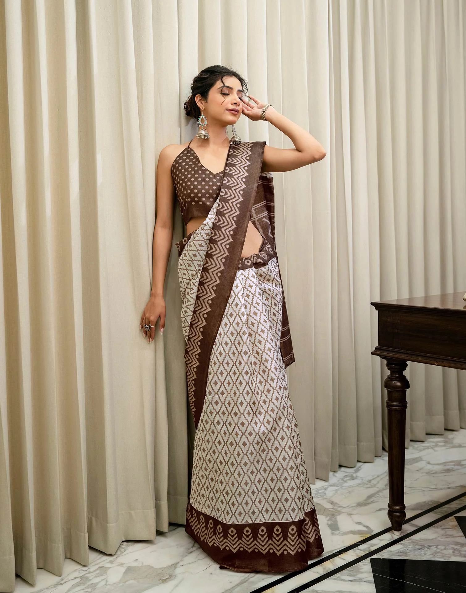 Off White Khadi Ikkat Printed Saree  - Image 9