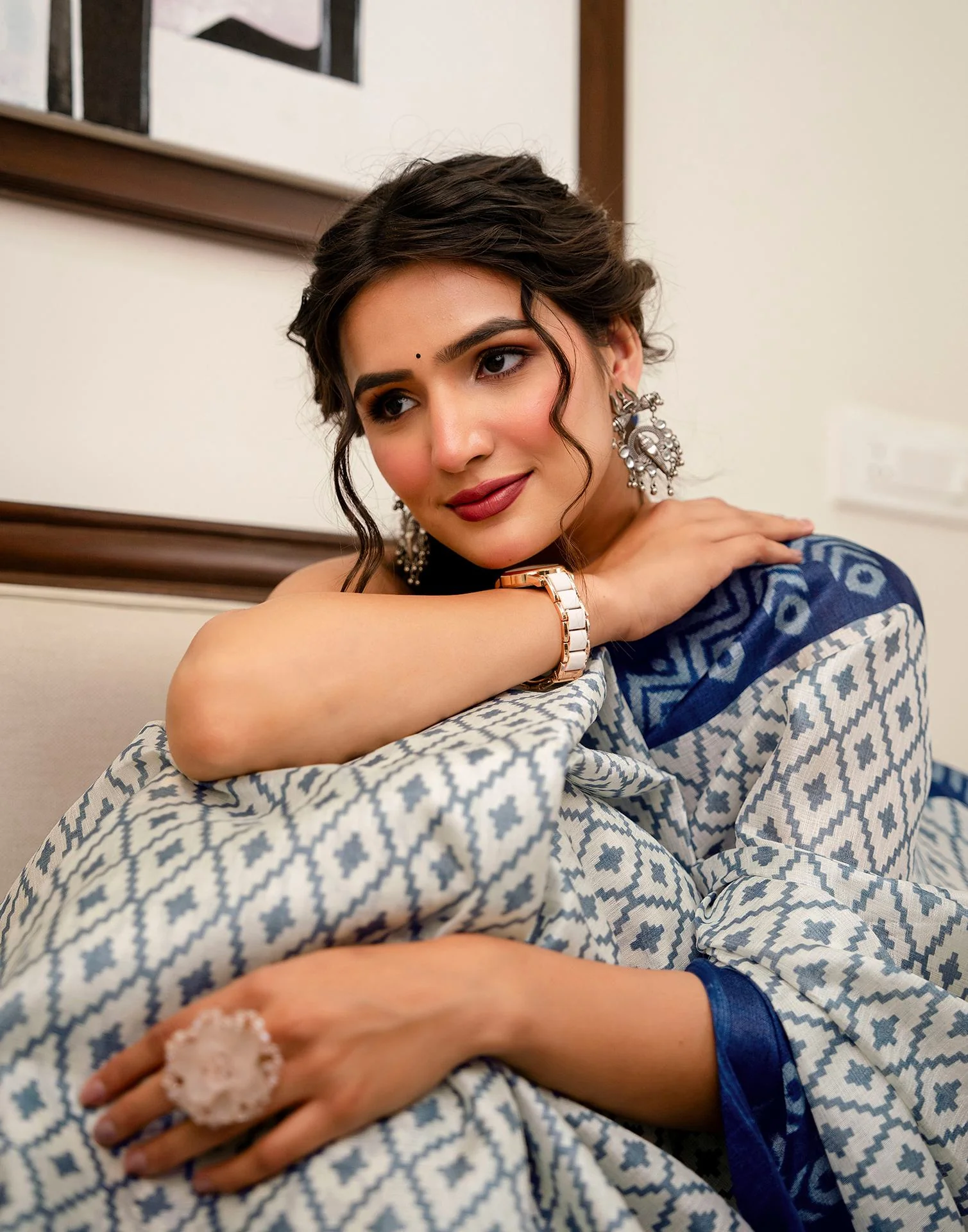 Off White Khadi Ikkat Printed Saree  - Image 10