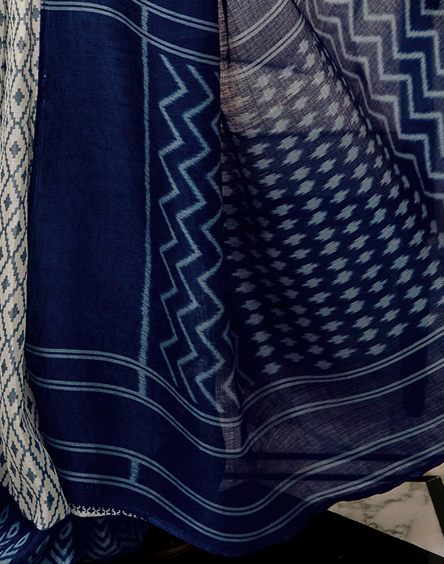 Off White Khadi Ikkat Printed Saree  - Image 11