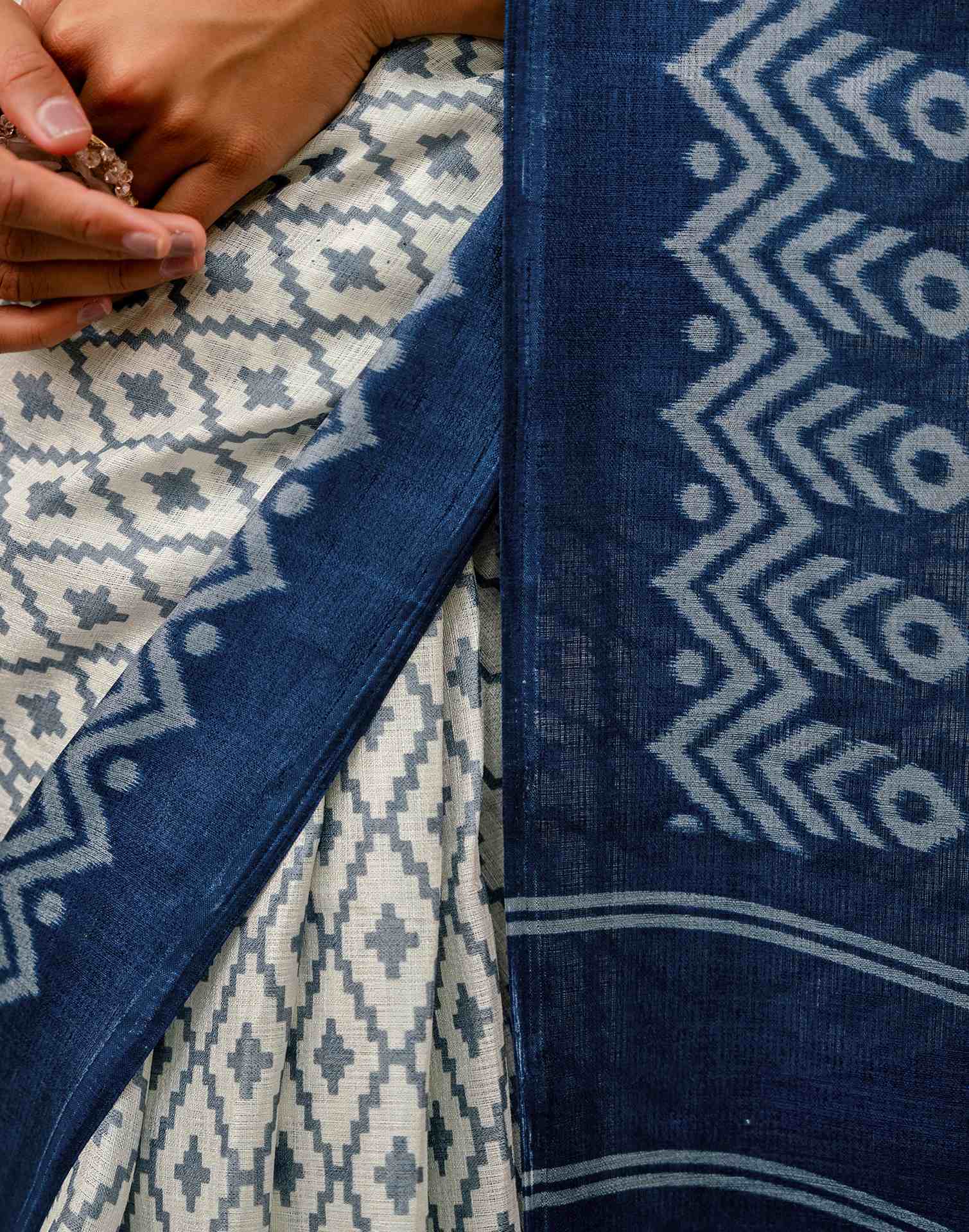 Off White Khadi Ikkat Printed Saree  - Image 12