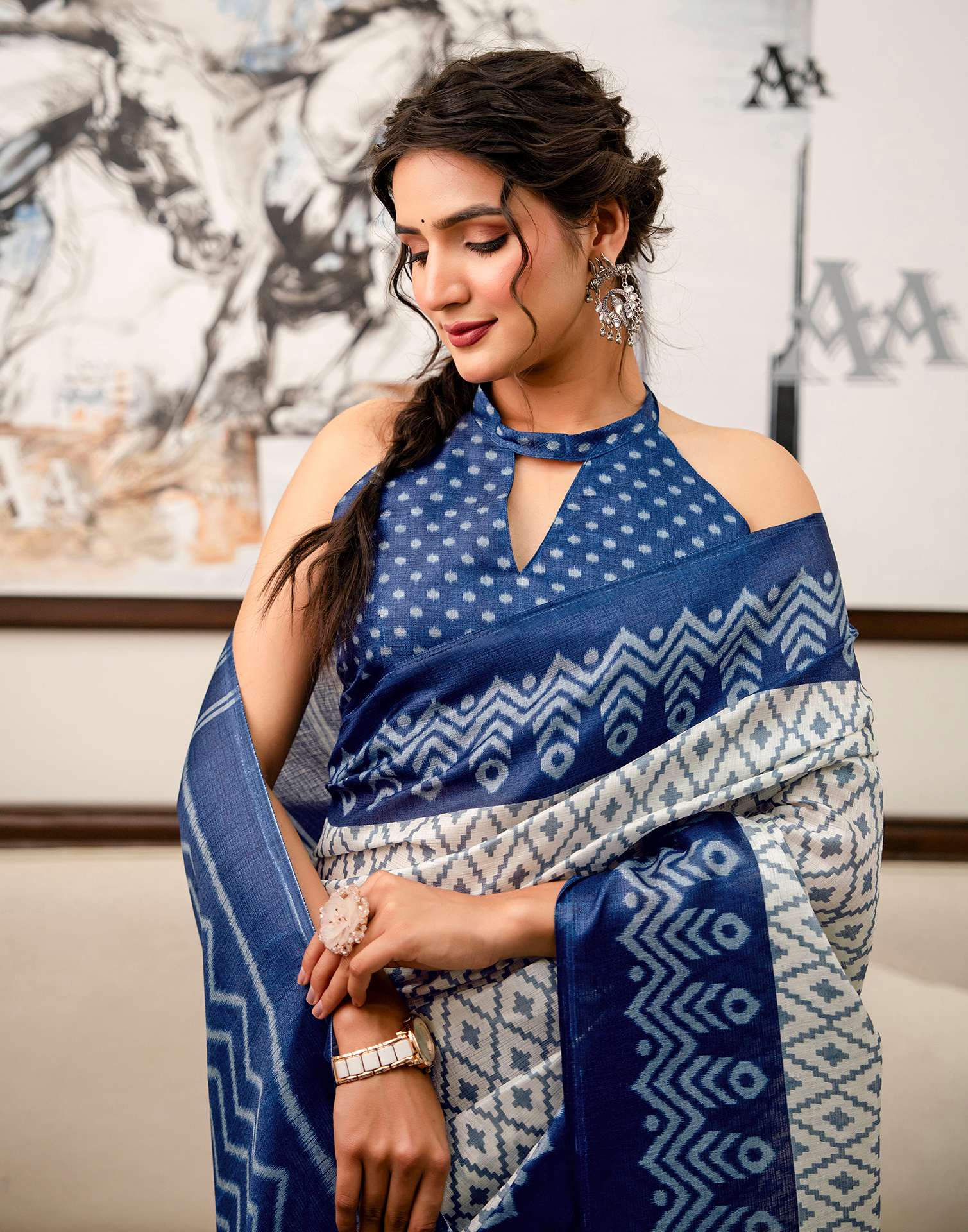 Off White Khadi Ikkat Printed Saree  - Image 2