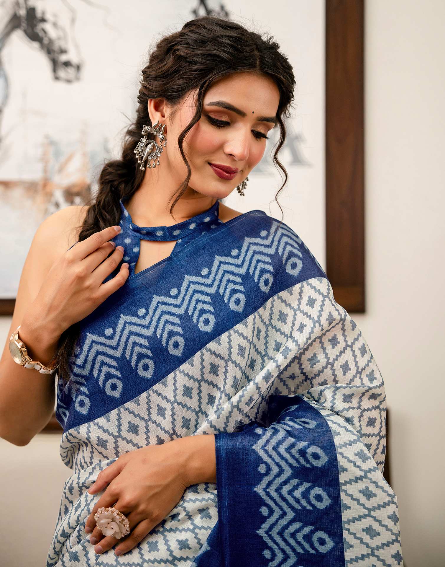 Off White Khadi Ikkat Printed Saree  - Image 4
