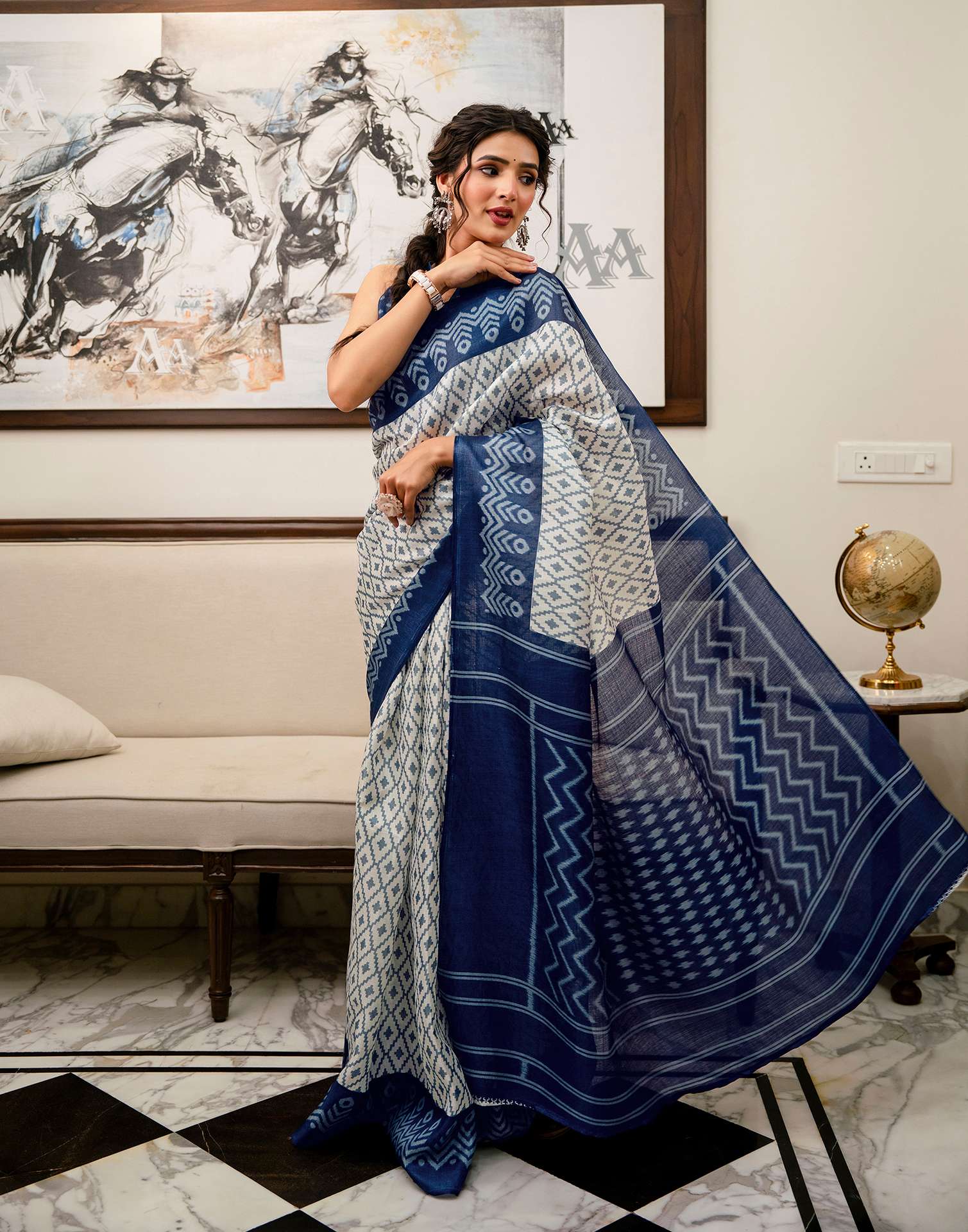 Off White Khadi Ikkat Printed Saree  - Image 5