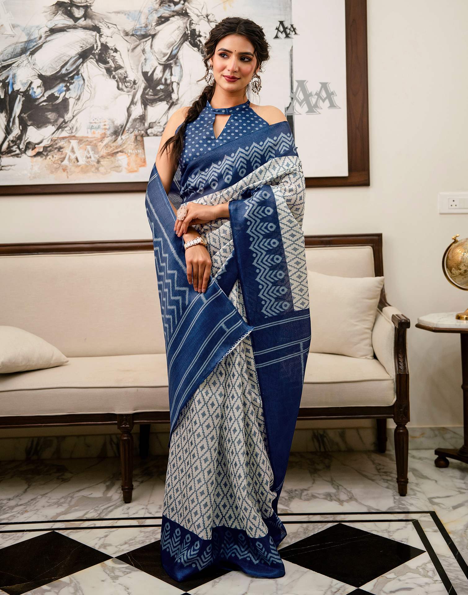 Off White Khadi Ikkat Printed Saree  - Image 6