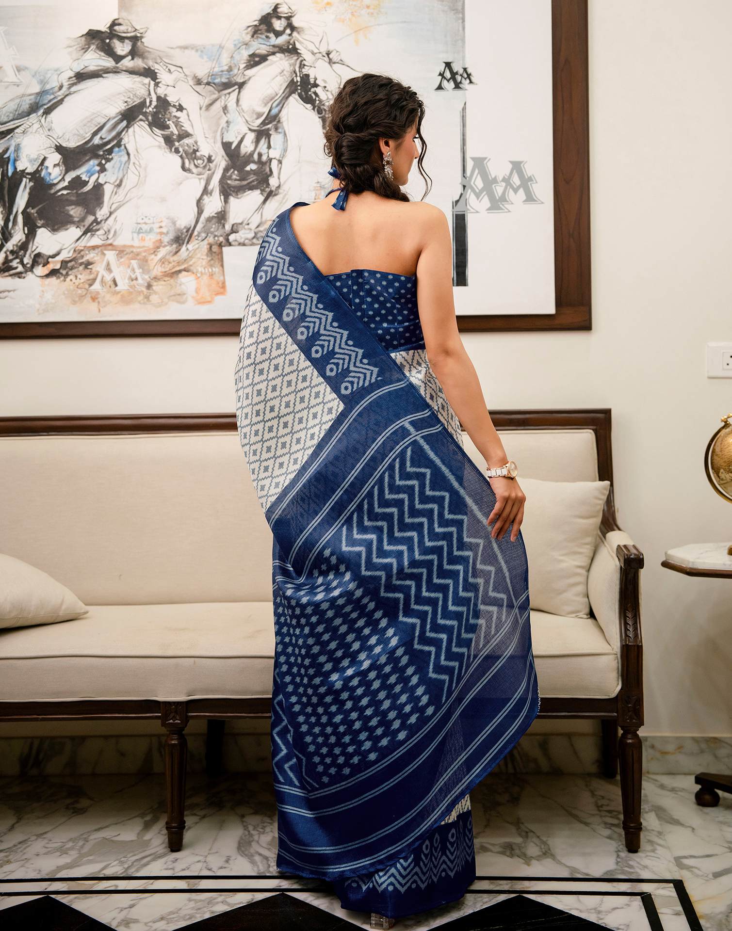 Off White Khadi Ikkat Printed Saree  - Image 7