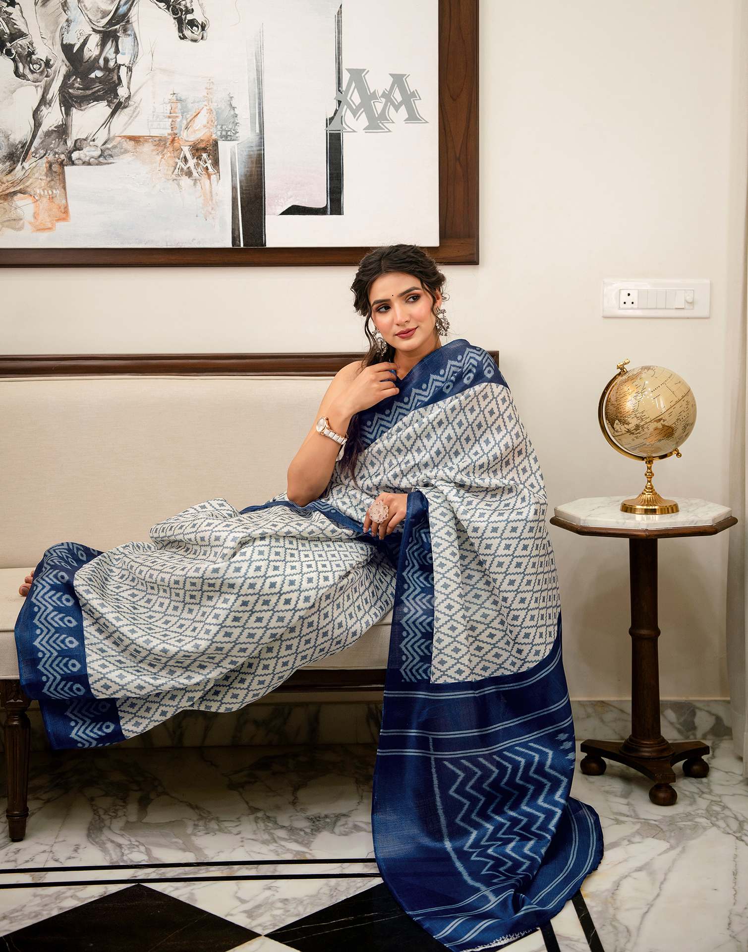 Off White Khadi Ikkat Printed Saree  - Image 8