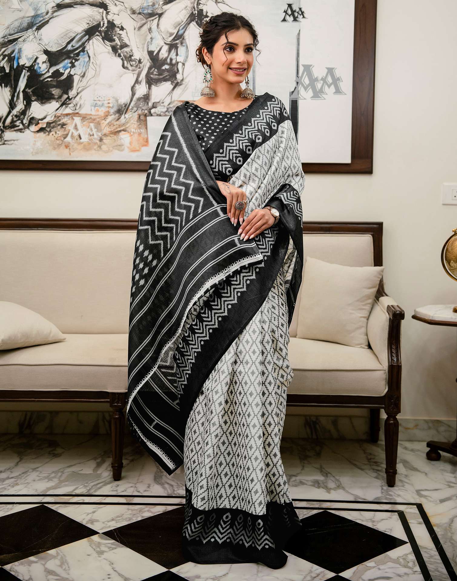 Off White Khadi Ikkat Printed SareeĀ