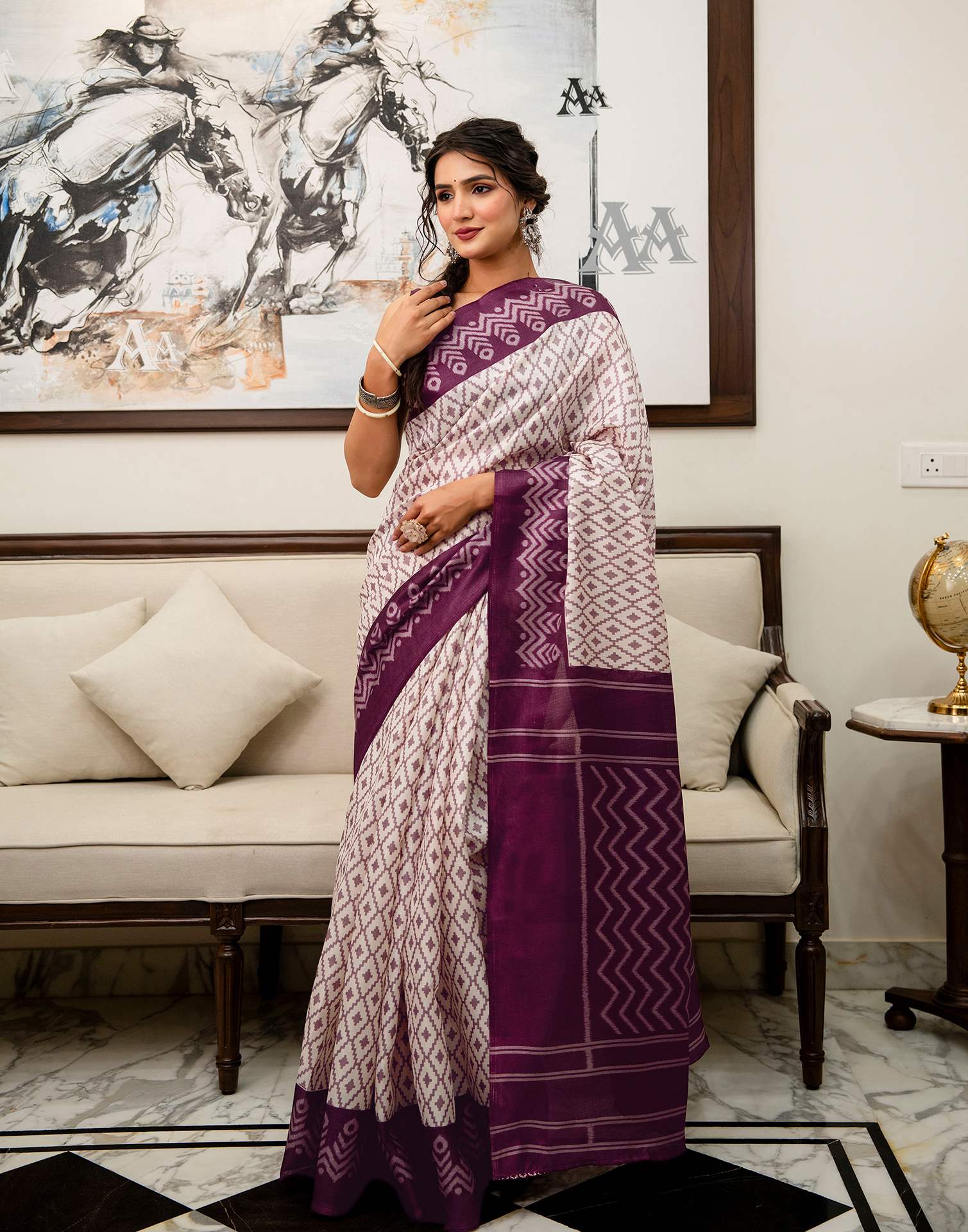 Off White Khadi Ikkat Printed SareeĀ