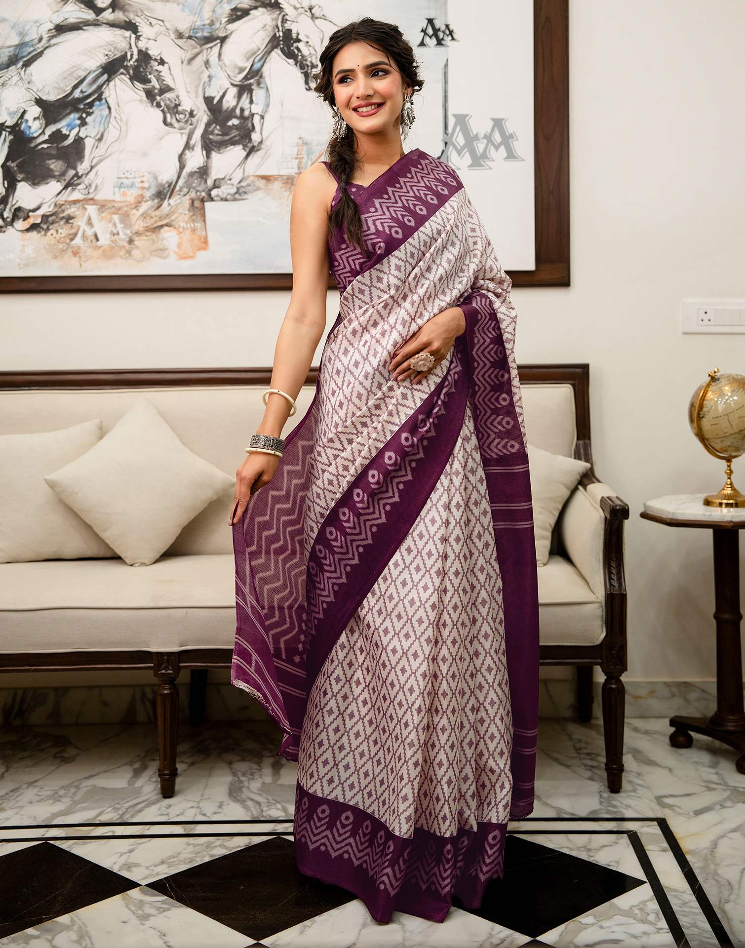 Off White Khadi Ikkat Printed SareeĀ - Image 5