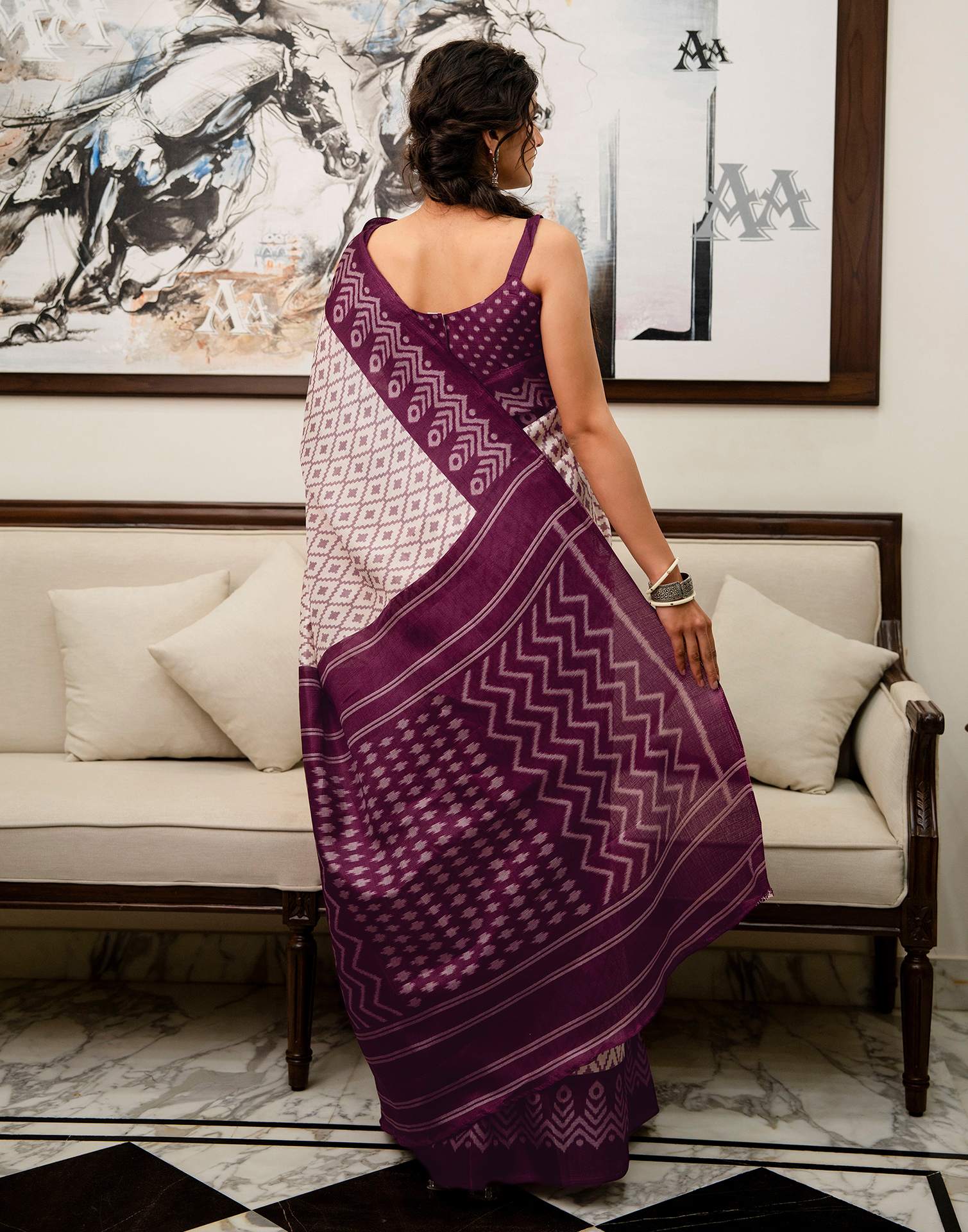 Off White Khadi Ikkat Printed SareeĀ - Image 6