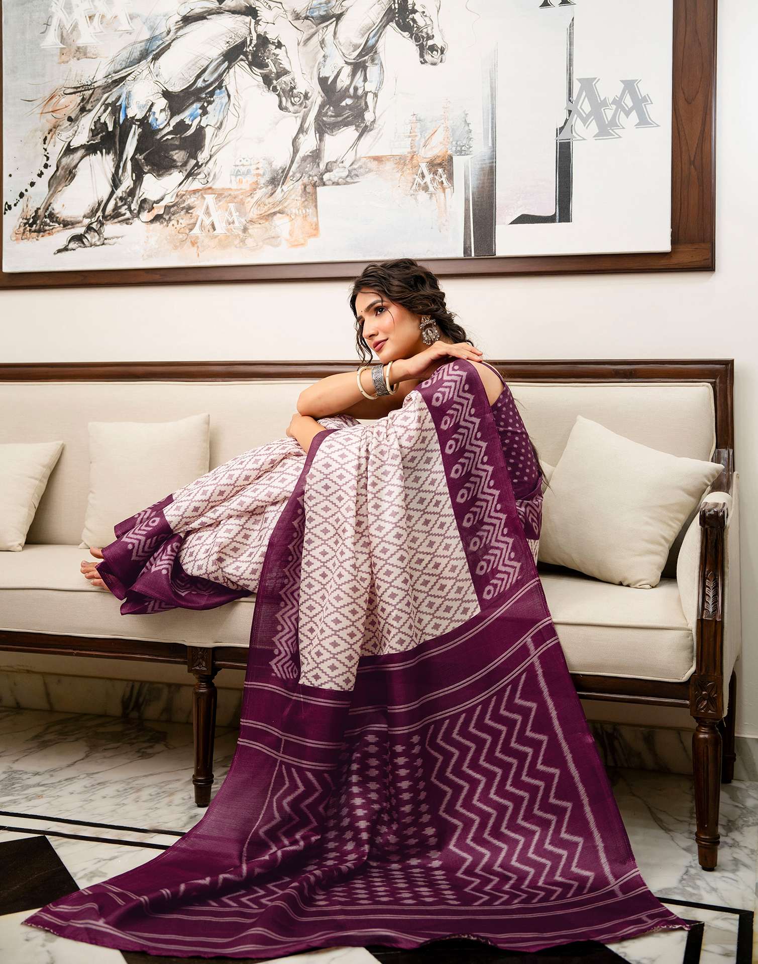 Off White Khadi Ikkat Printed SareeĀ - Image 8